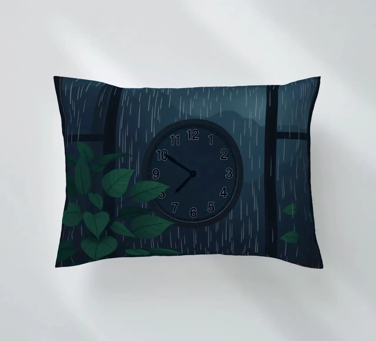 Vue d'une soirée pluvieuse depuis une chambre confortable avec une horloge et une plante coussin de DesignDoodle