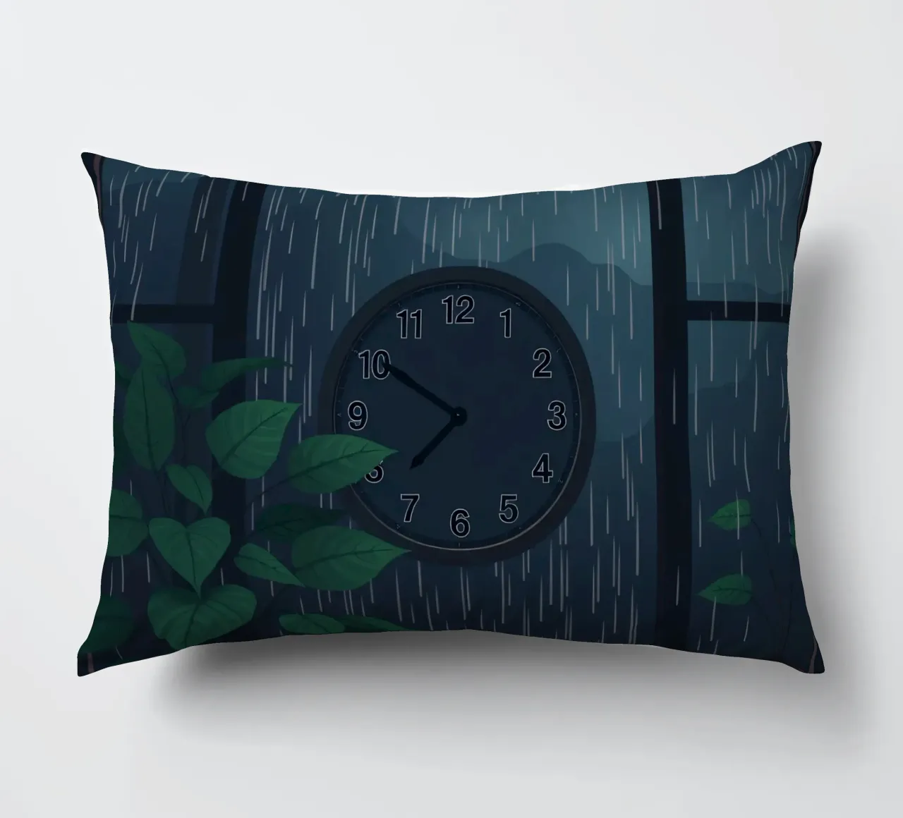 Vue d'une soirée pluvieuse depuis une chambre confortable avec une horloge et une plante coussin de DesignDoodle