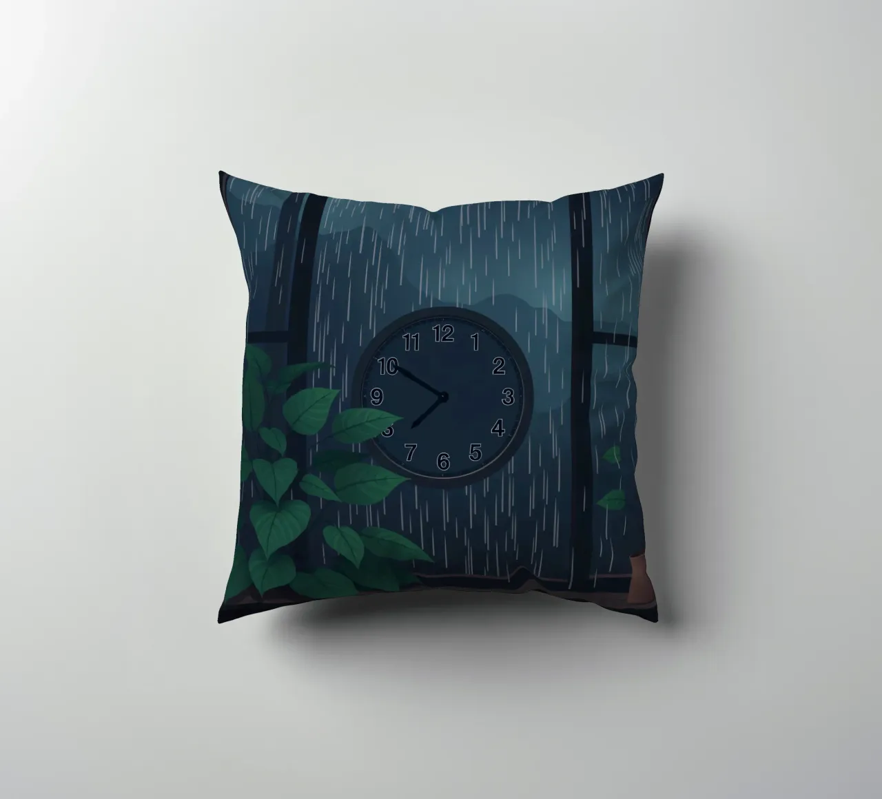 Vue d'une soirée pluvieuse depuis une chambre confortable avec une horloge et une plante coussin de DesignDoodle