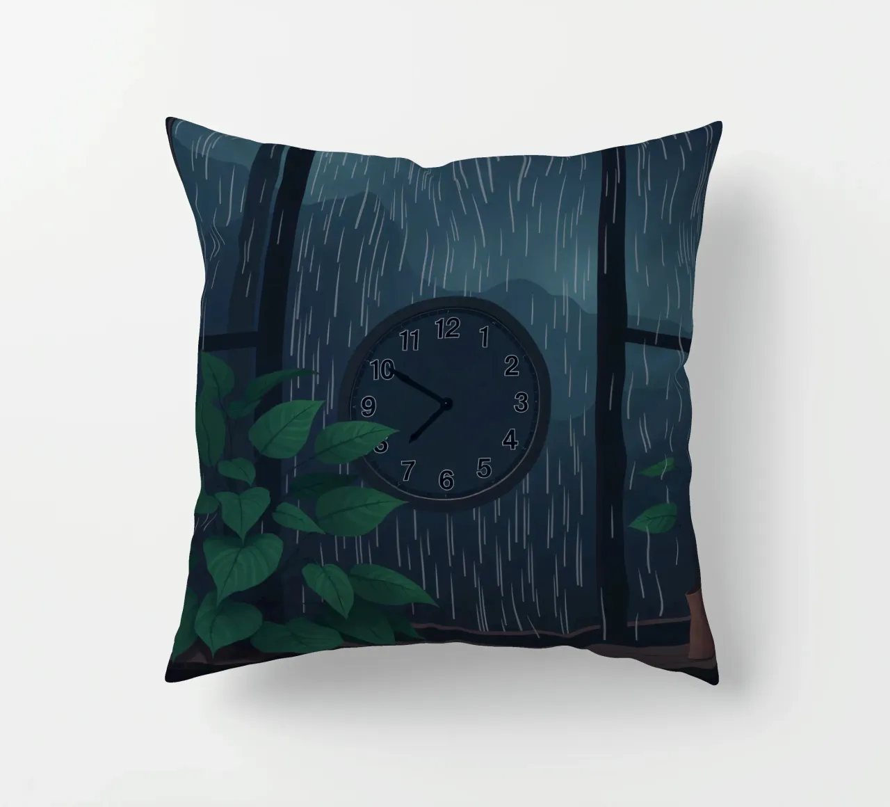 Vue d'une soirée pluvieuse depuis une chambre confortable avec une horloge et une plante coussin de DesignDoodle
