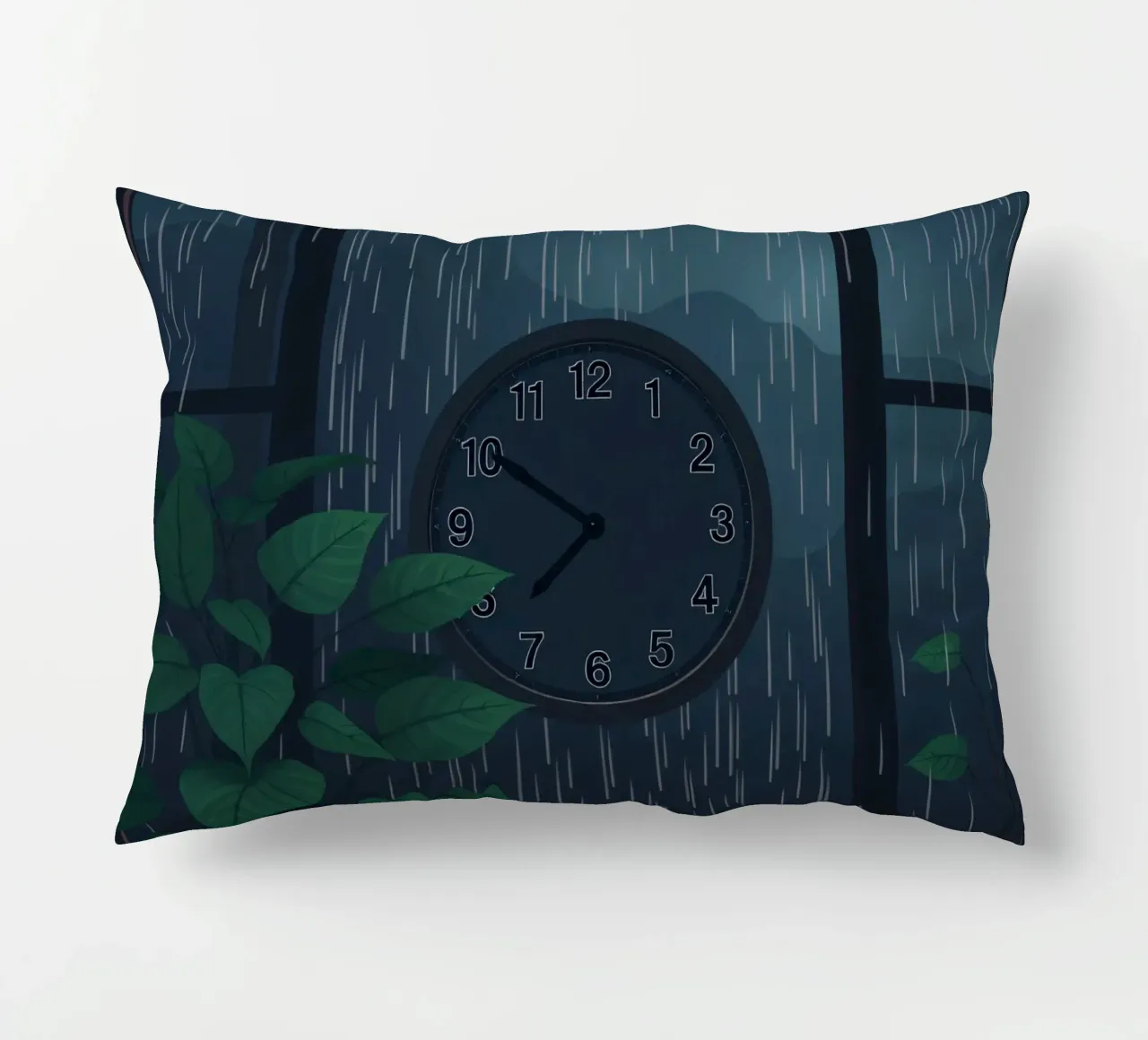 Vue d'une soirée pluvieuse depuis une chambre confortable avec une horloge et une plante coussin de DesignDoodle