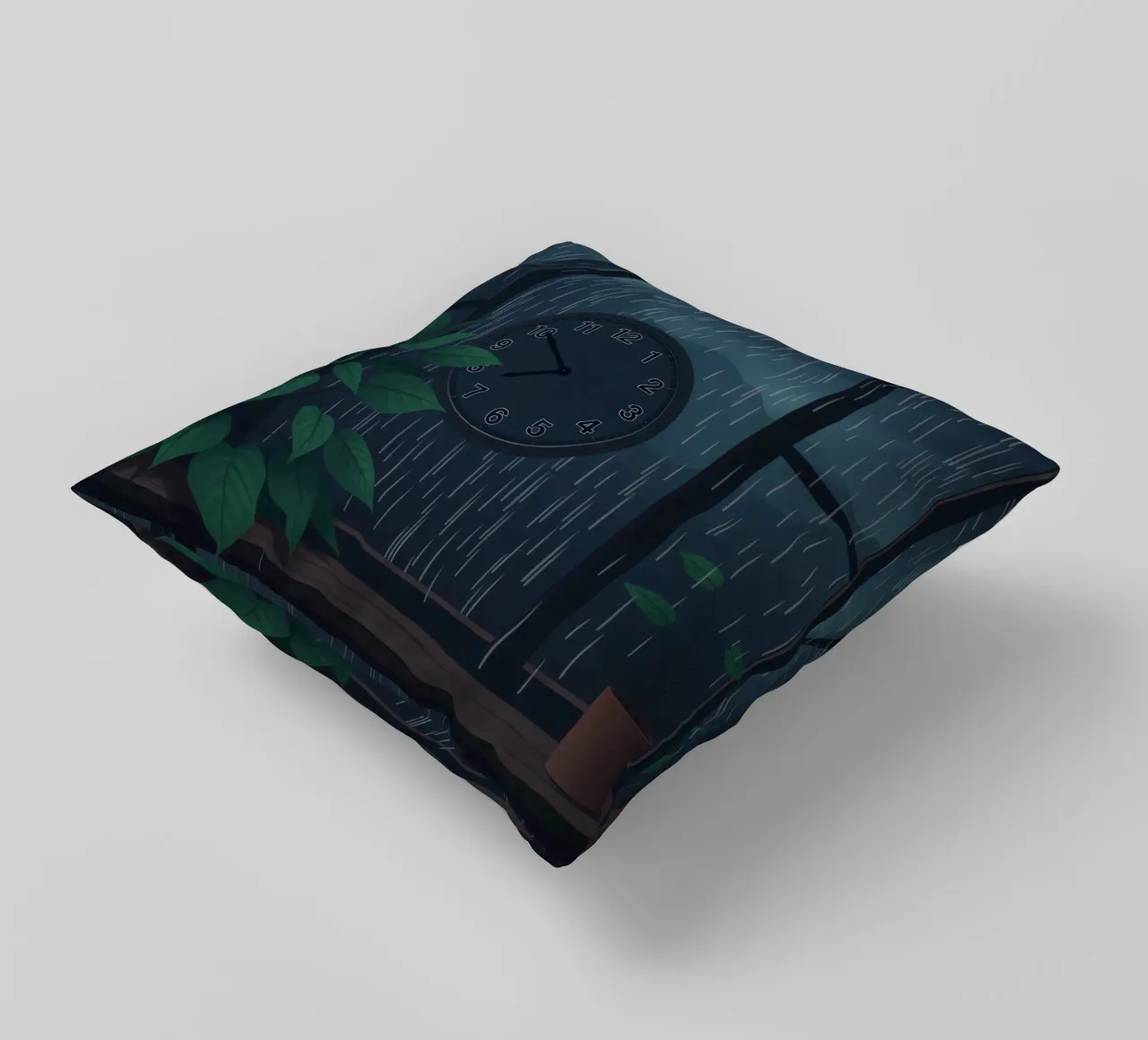 Vue d'une soirée pluvieuse depuis une chambre confortable avec une horloge et une plante coussin de DesignDoodle