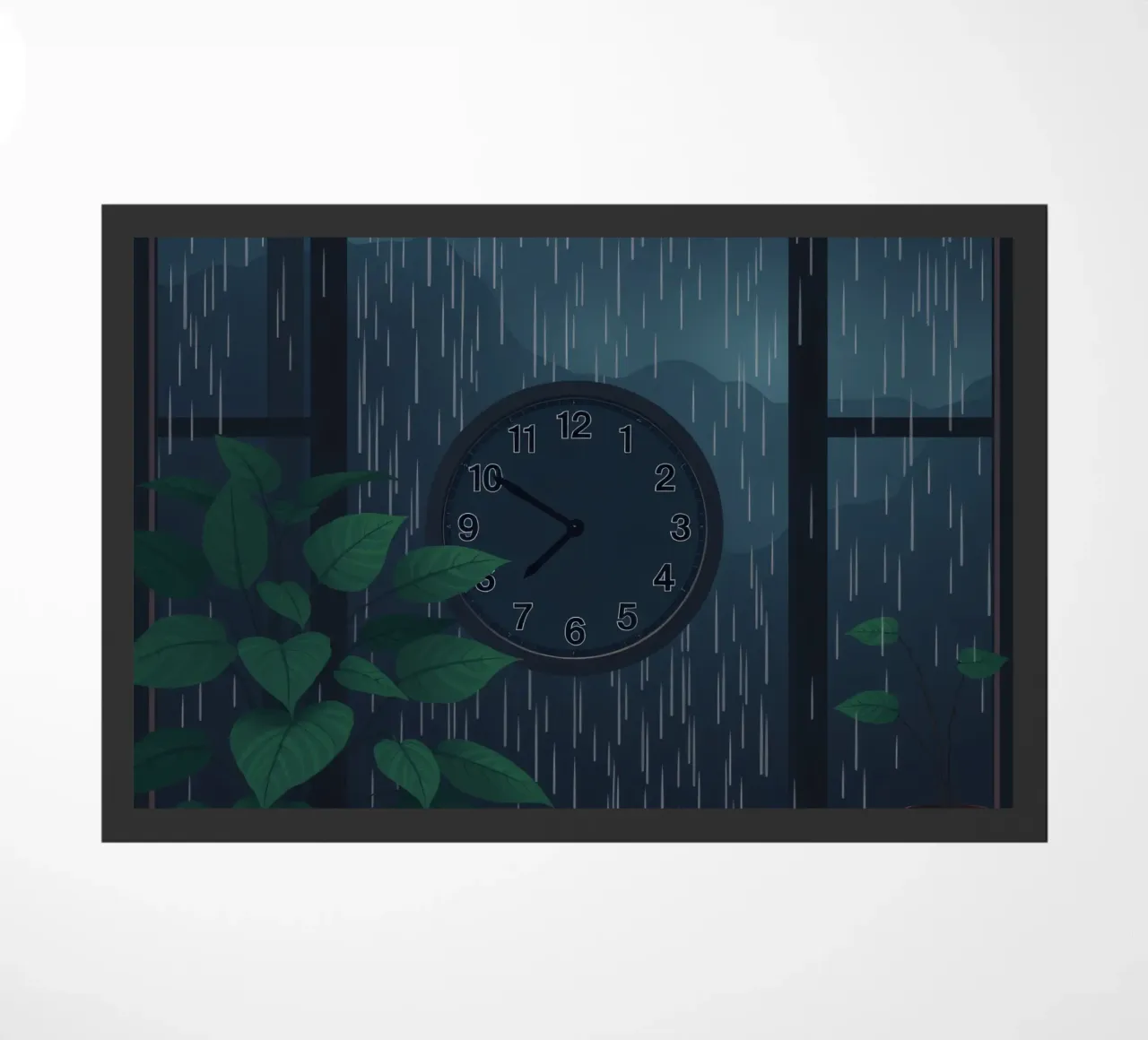 Vue d'une soirée pluvieuse depuis une chambre confortable avec une horloge et une plante paillasson de DesignDoodle