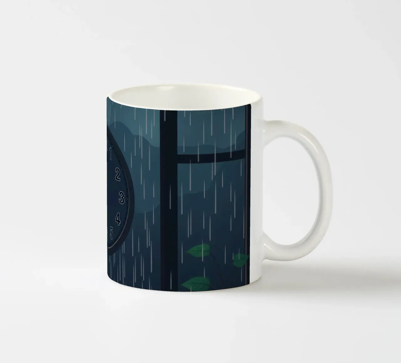 Vue d'une soirée pluvieuse depuis une chambre confortable avec une horloge et une plante mug en céramique de DesignDoodle