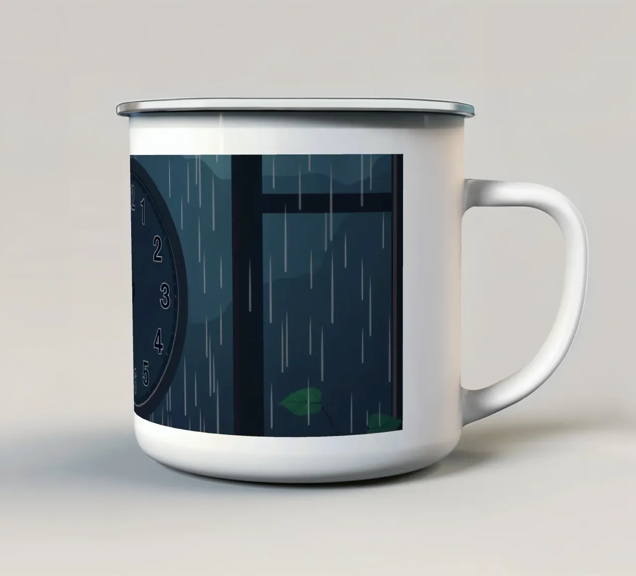 Vue d'une soirée pluvieuse depuis une chambre confortable avec une horloge et une plante mug en émail de DesignDoodle