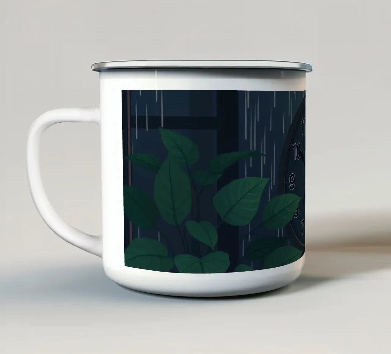 Vue d'une soirée pluvieuse depuis une chambre confortable avec une horloge et une plante mug en émail de DesignDoodle
