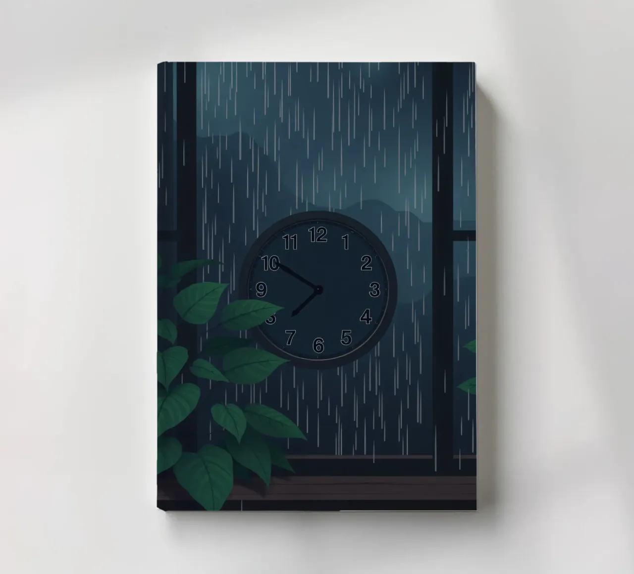 Vue d'une soirée pluvieuse depuis une chambre confortable avec une horloge et une plante carnet de notes de DesignDoodle