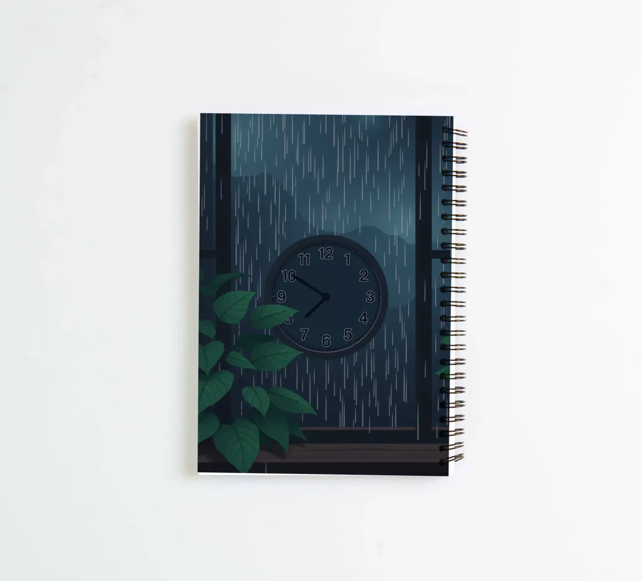 Vue d'une soirée pluvieuse depuis une chambre confortable avec une horloge et une plante carnet à spirale de DesignDoodle