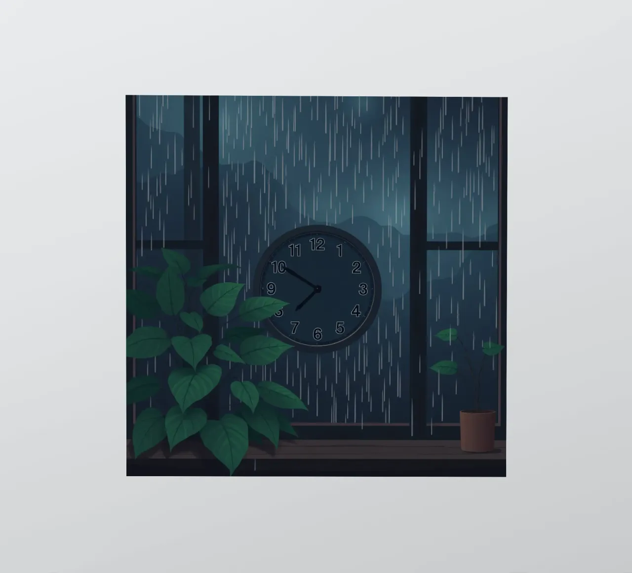 Vue d'une soirée pluvieuse depuis une chambre confortable avec une horloge et une plante autocollant de DesignDoodle