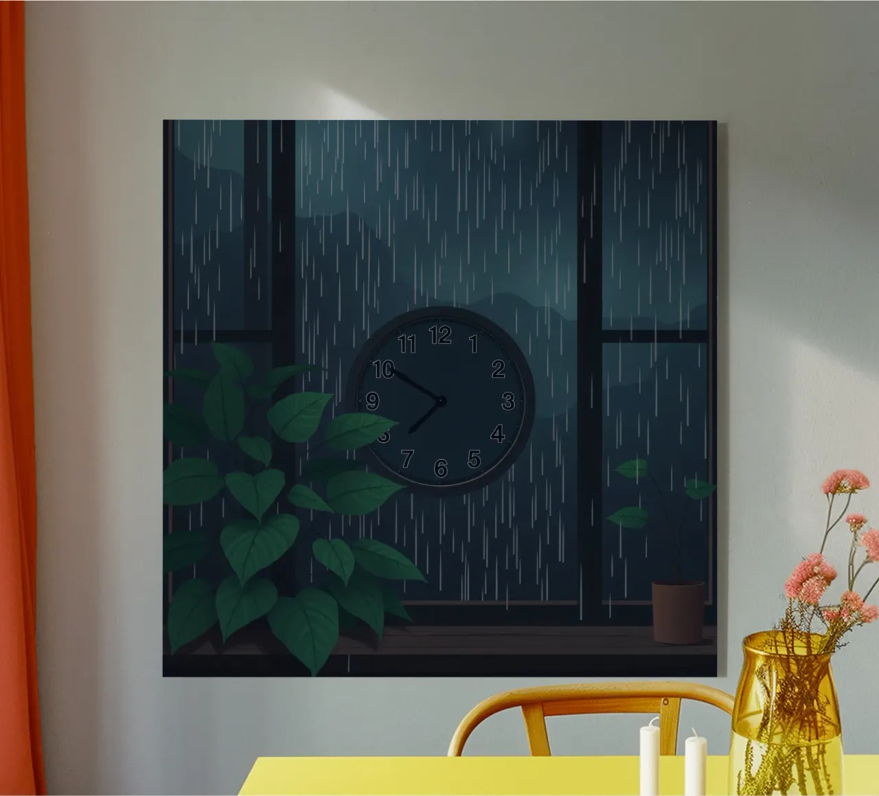 Vue d'une soirée pluvieuse depuis une chambre confortable avec une horloge et une plante plexiglas de DesignDoodle