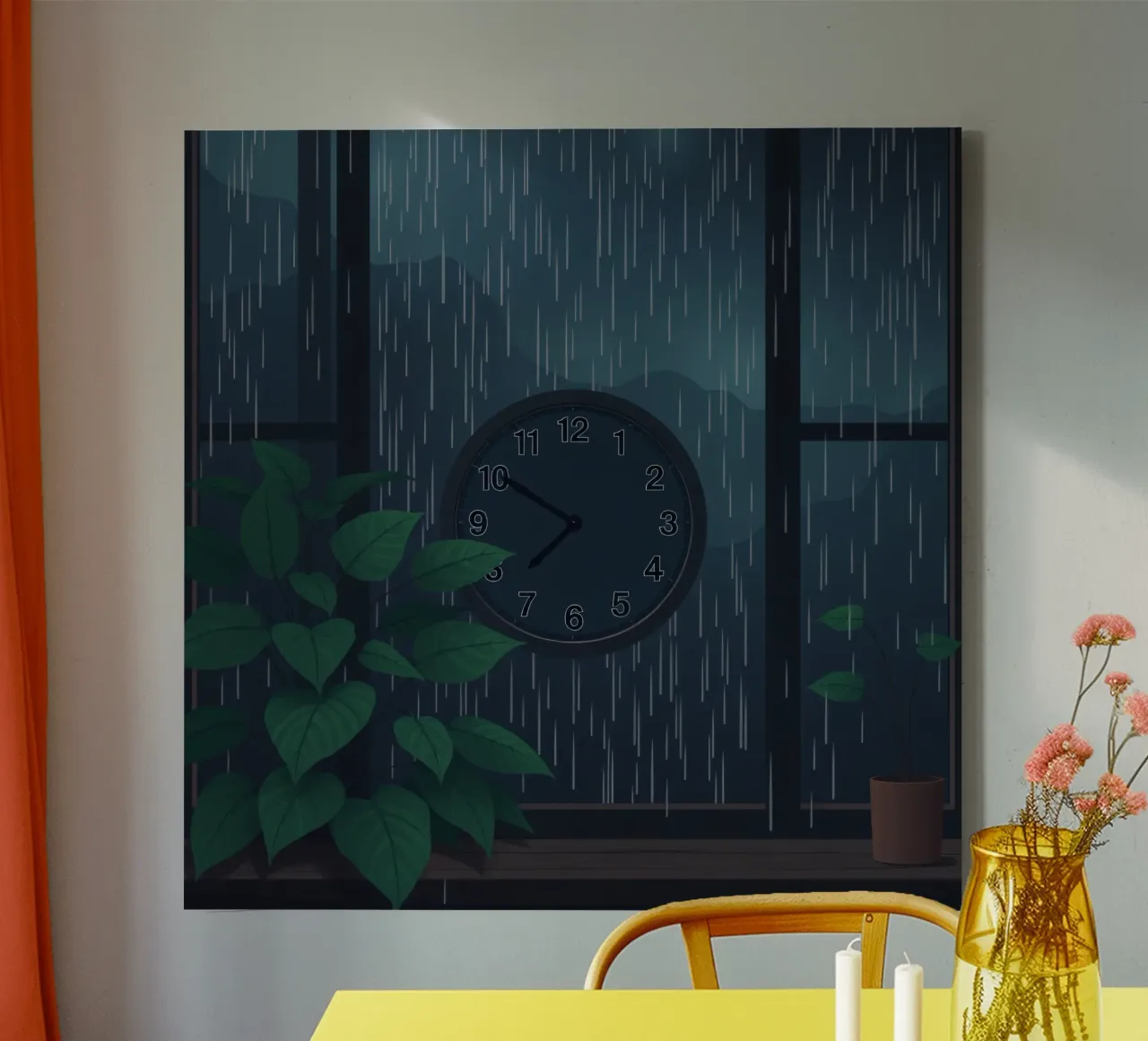 Vue d'une soirée pluvieuse depuis une chambre confortable avec une horloge et une plante toile de DesignDoodle