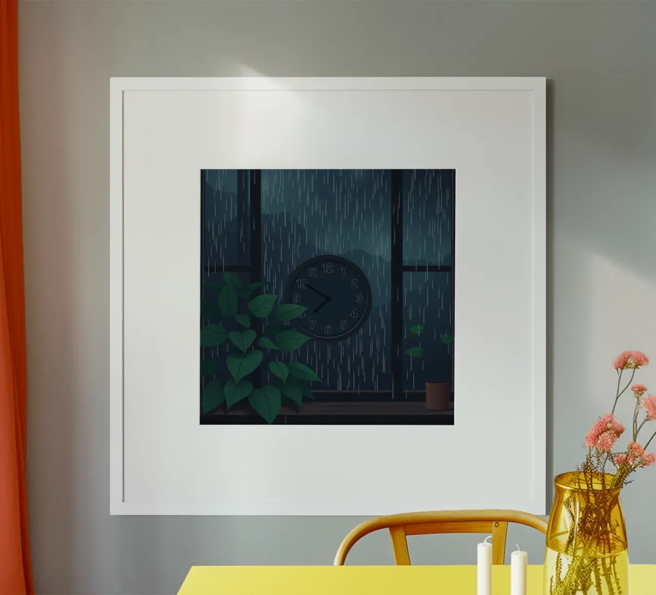Vue d'une soirée pluvieuse depuis une chambre confortable avec une horloge et une plante poster avec cadre en bois de DesignDoodle