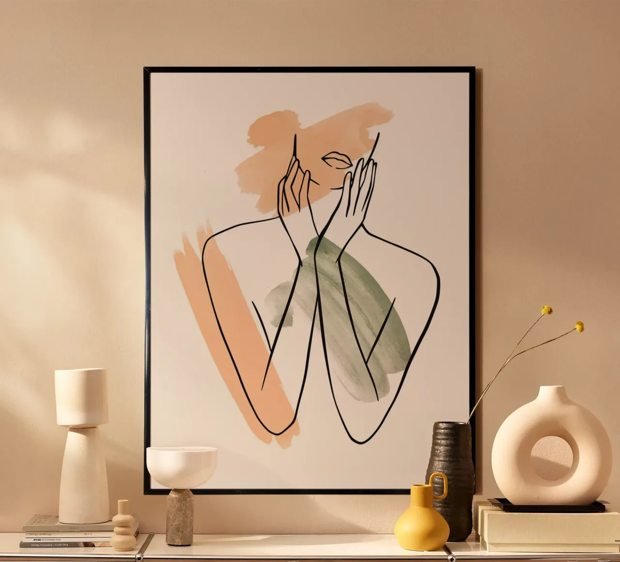 Donna nello stile della line art con pittura ad acquerello poster con telaio in plastica da ArtDesign by KBK