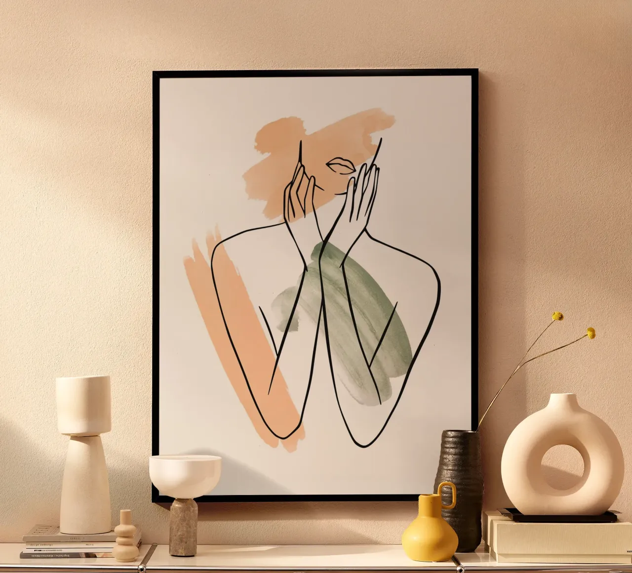 Donna nello stile della line art con pittura ad acquerello poster con telaio in plastica da ArtDesign by KBK
