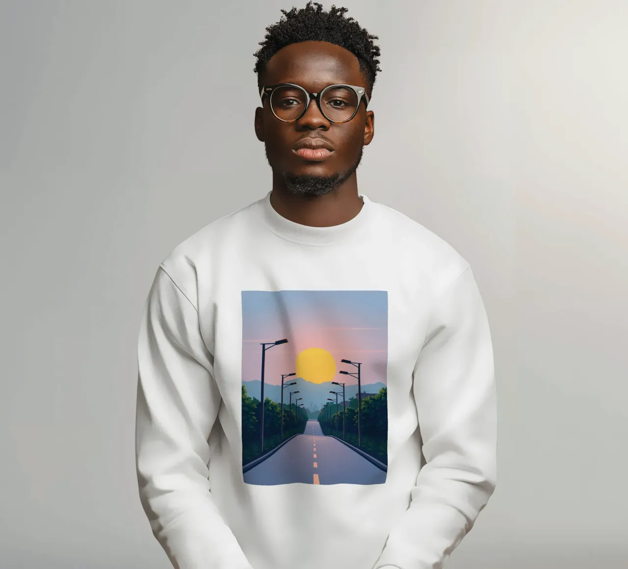 Tramonto su una strada tranquilla fiancheggiata da lampioni felpa da DesignDoodle