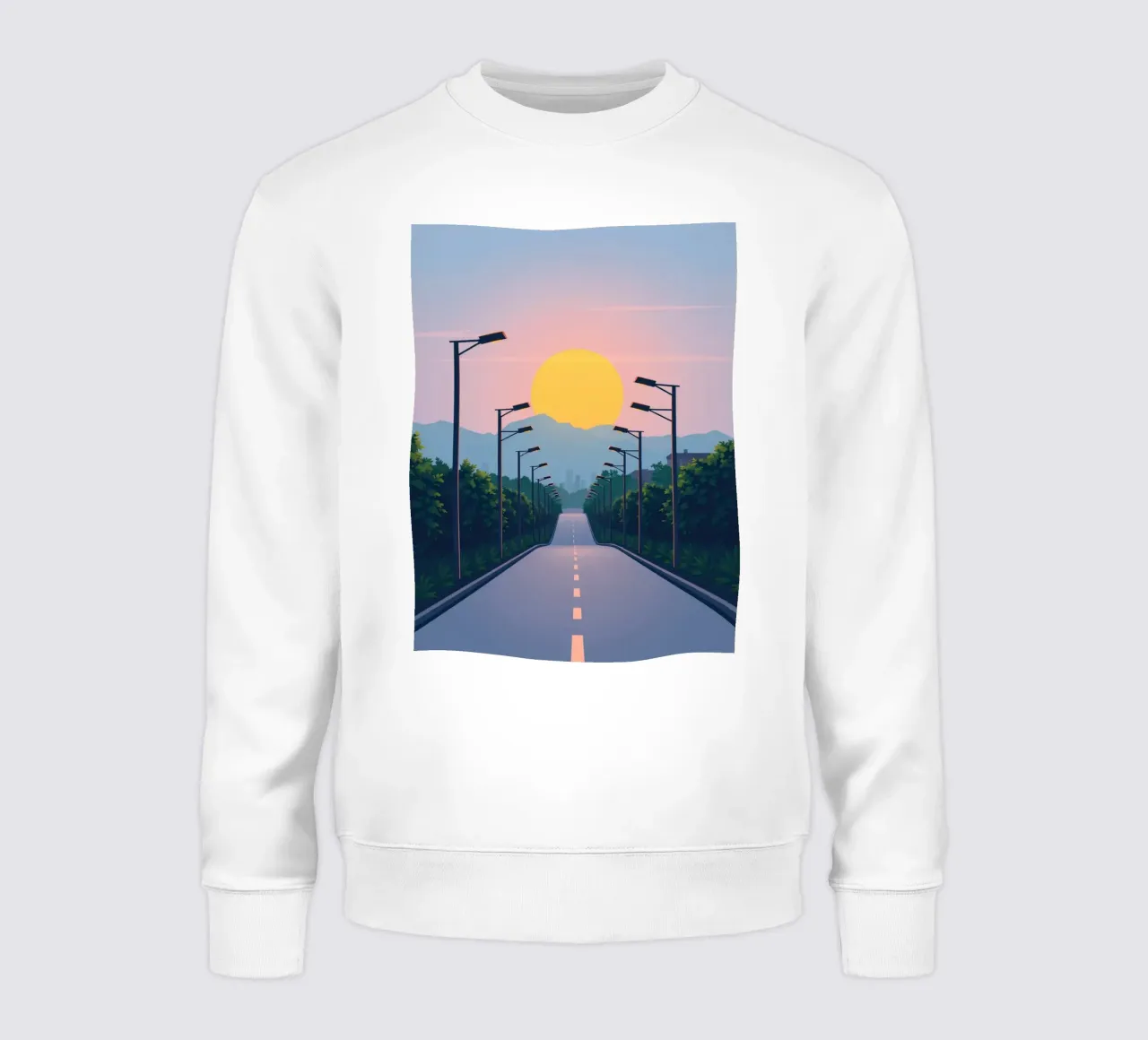 Tramonto su una strada tranquilla fiancheggiata da lampioni felpa da DesignDoodle