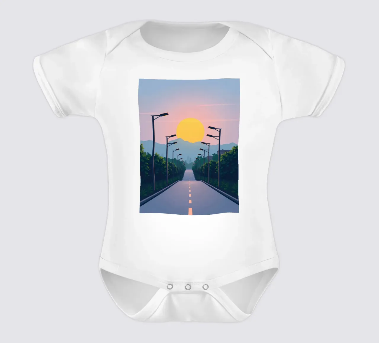 Tramonto su una strada tranquilla fiancheggiata da lampioni body neonato maniche corte da DesignDoodle