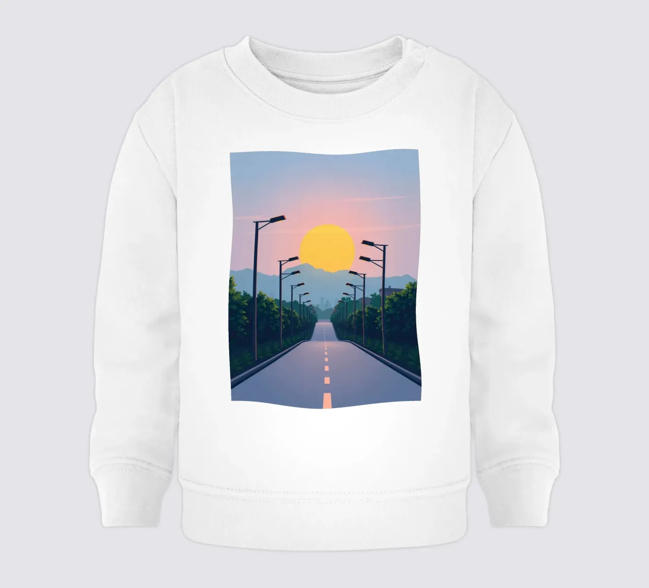 Tramonto su una strada tranquilla fiancheggiata da lampioni felpa neonato da DesignDoodle