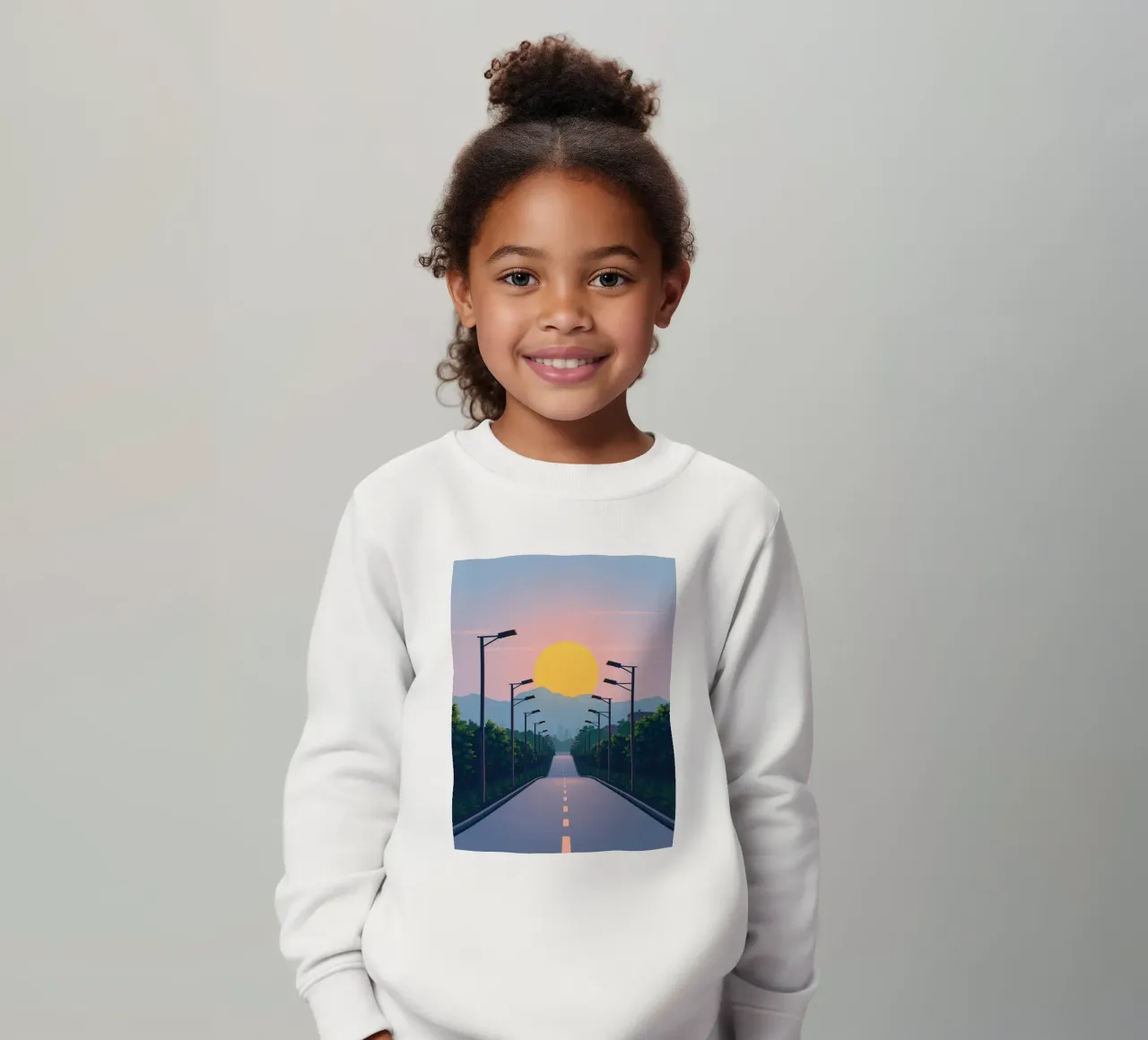 Tramonto su una strada tranquilla fiancheggiata da lampioni felpa bambino da DesignDoodle