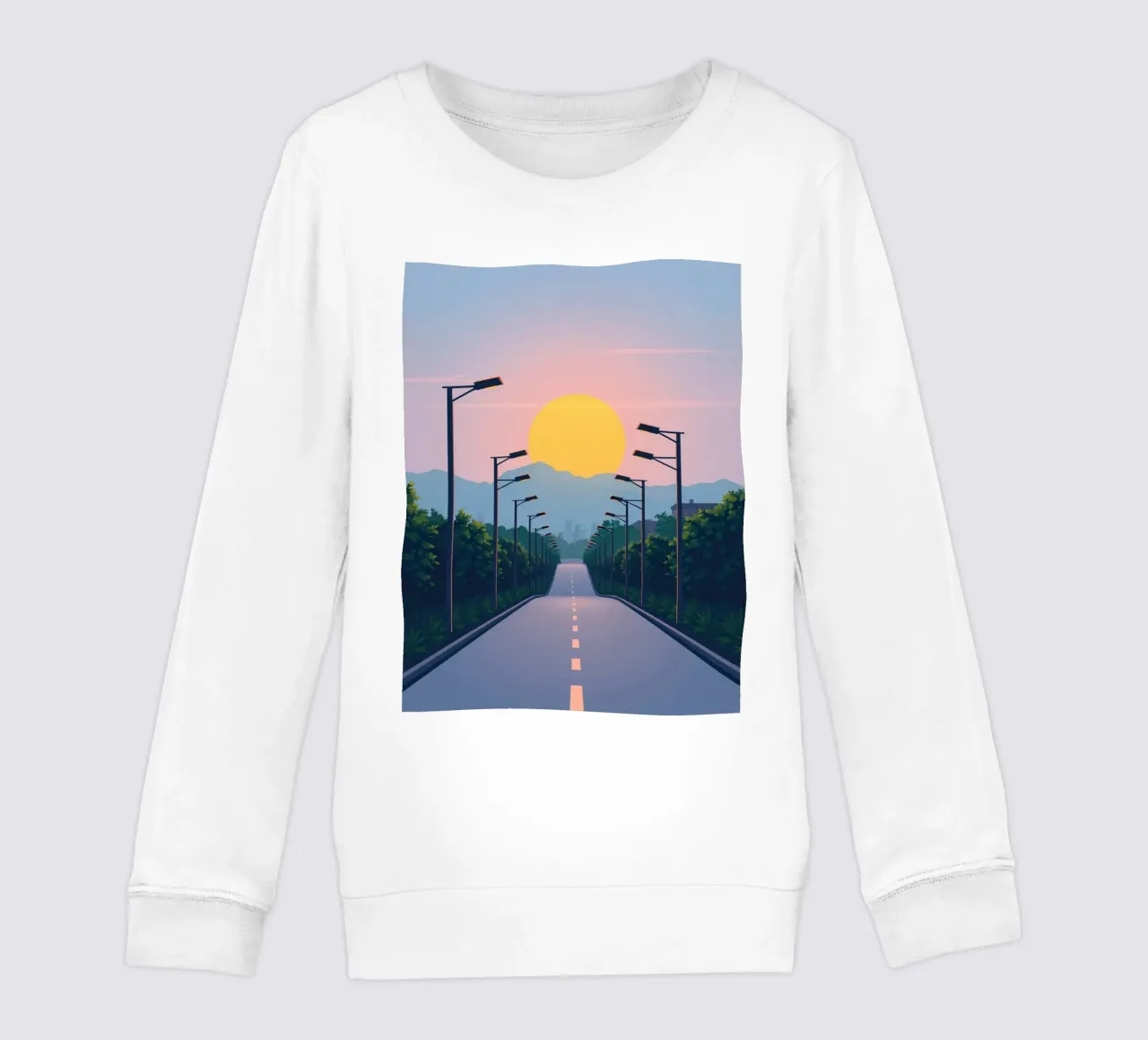 Tramonto su una strada tranquilla fiancheggiata da lampioni felpa bambino da DesignDoodle