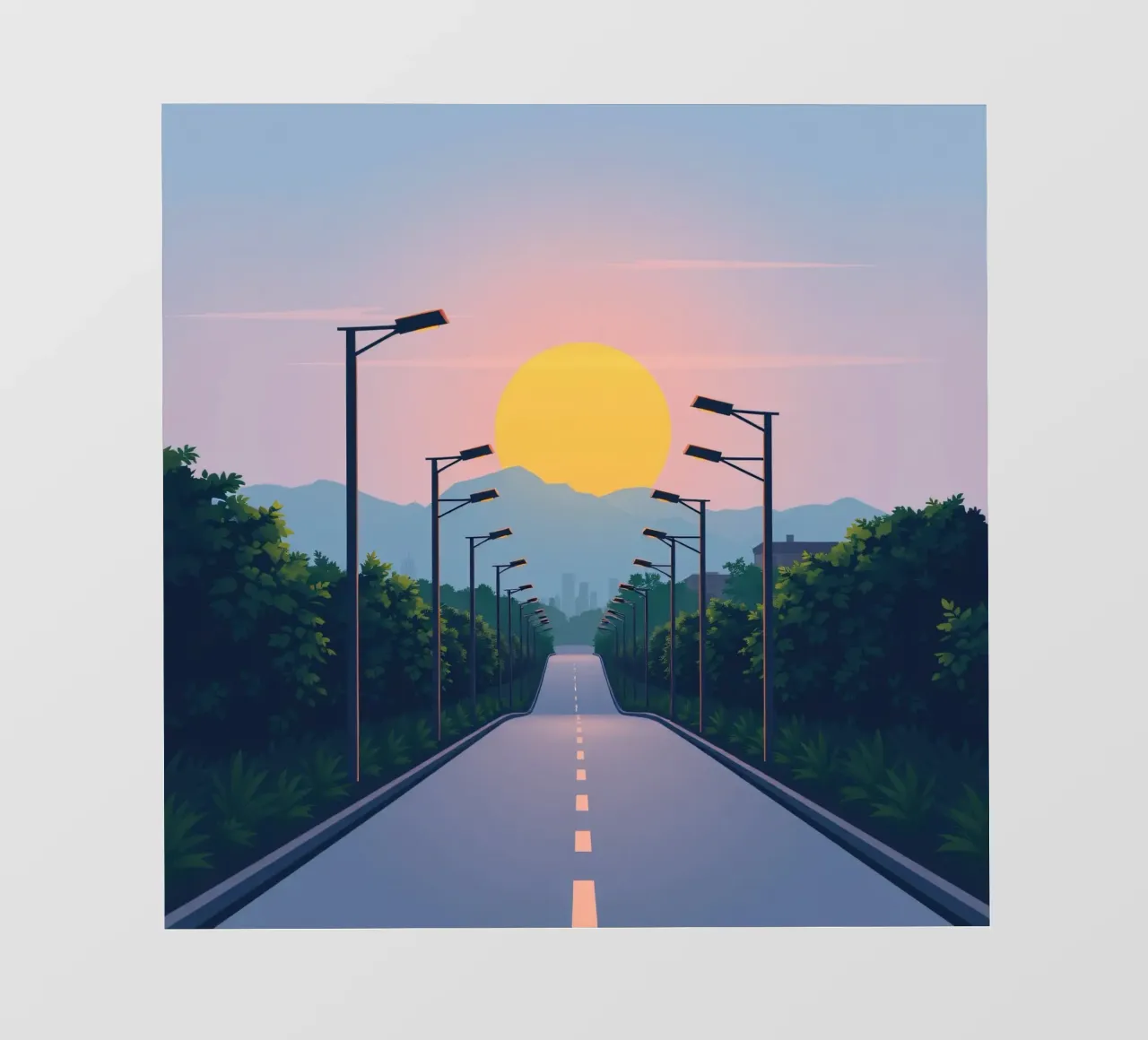 Tramonto su una strada tranquilla fiancheggiata da lampioni pellicola backlit da DesignDoodle