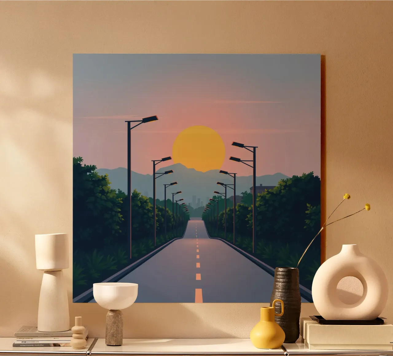 Tramonto su una strada tranquilla fiancheggiata da lampioni alluminio dibond da DesignDoodle