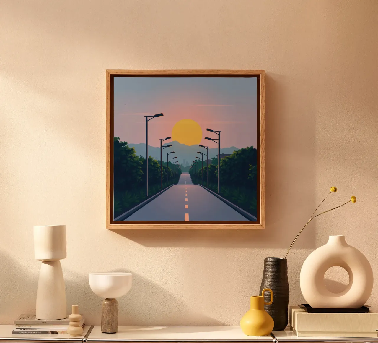 Tramonto su una strada tranquilla fiancheggiata da lampioni tela con Cornice a cassetta da DesignDoodle