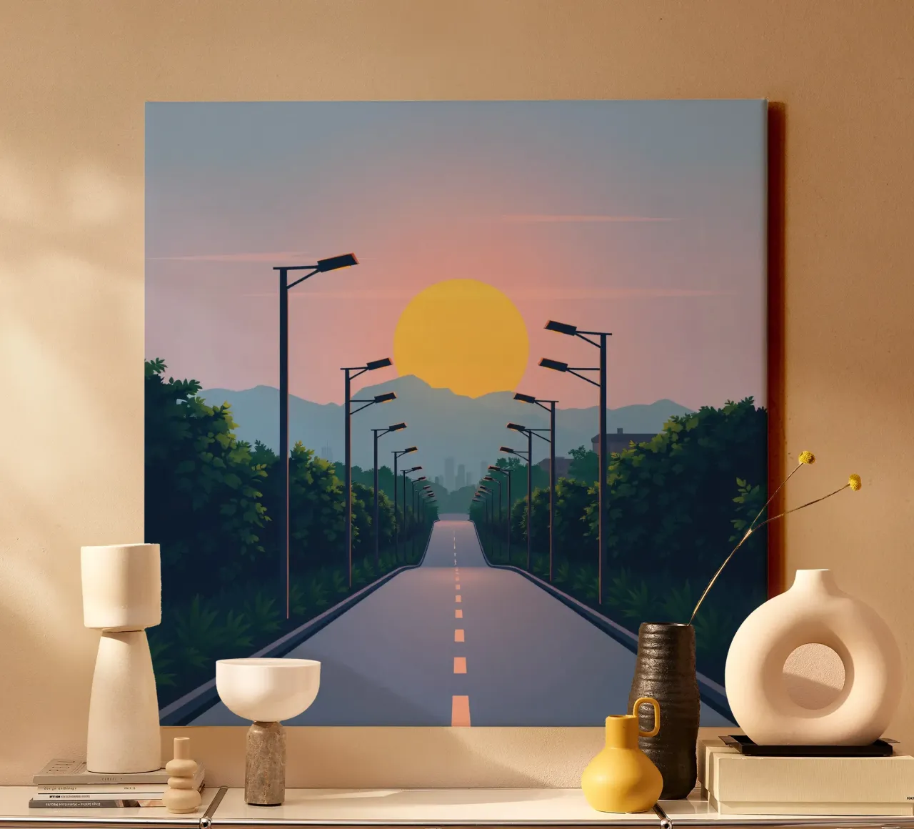 Tramonto su una strada tranquilla fiancheggiata da lampioni tela con Cornice a cassetta da DesignDoodle