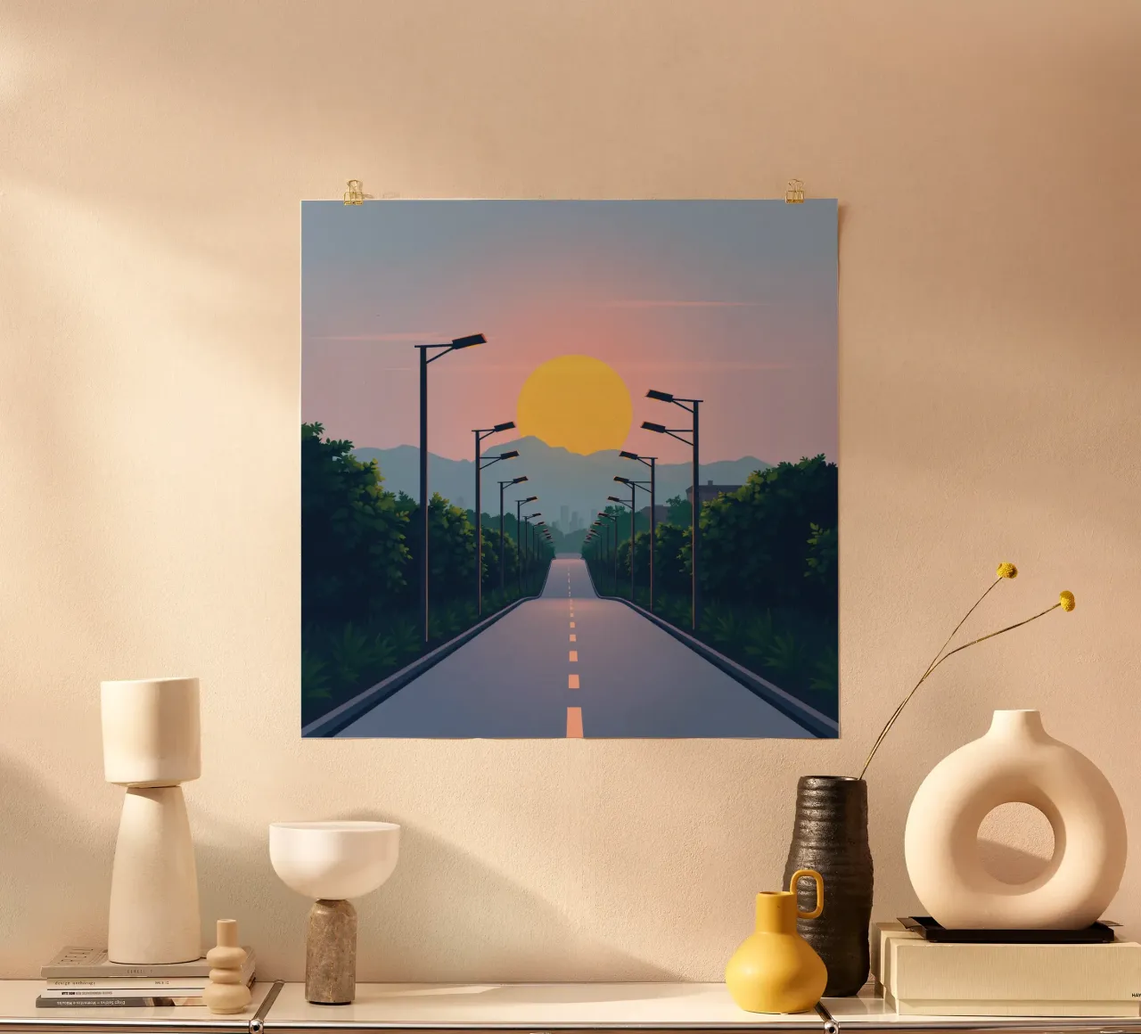 Tramonto su una strada tranquilla fiancheggiata da lampioni carta hahnemühle da DesignDoodle