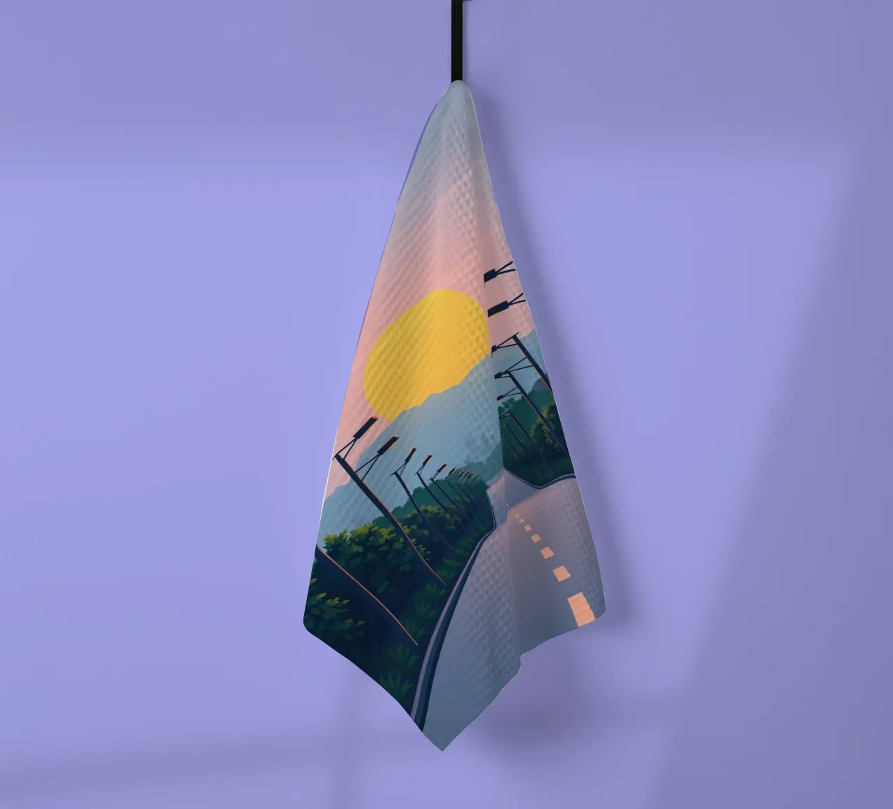 Tramonto su una strada tranquilla fiancheggiata da lampioni canovaccio da cucina da DesignDoodle