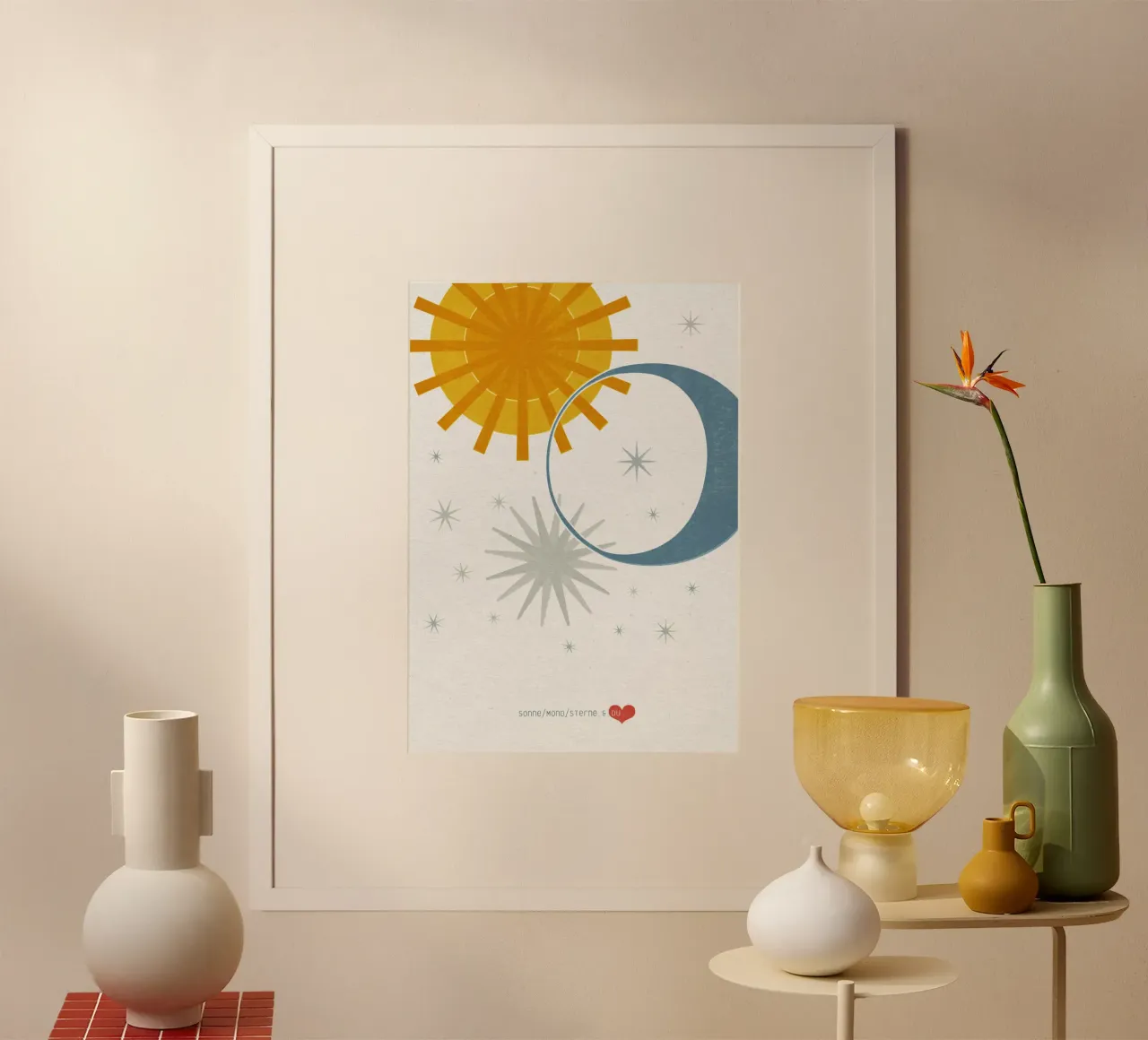 Sonne, Mind & Sterne poster with wooden frame by lazydaypaper