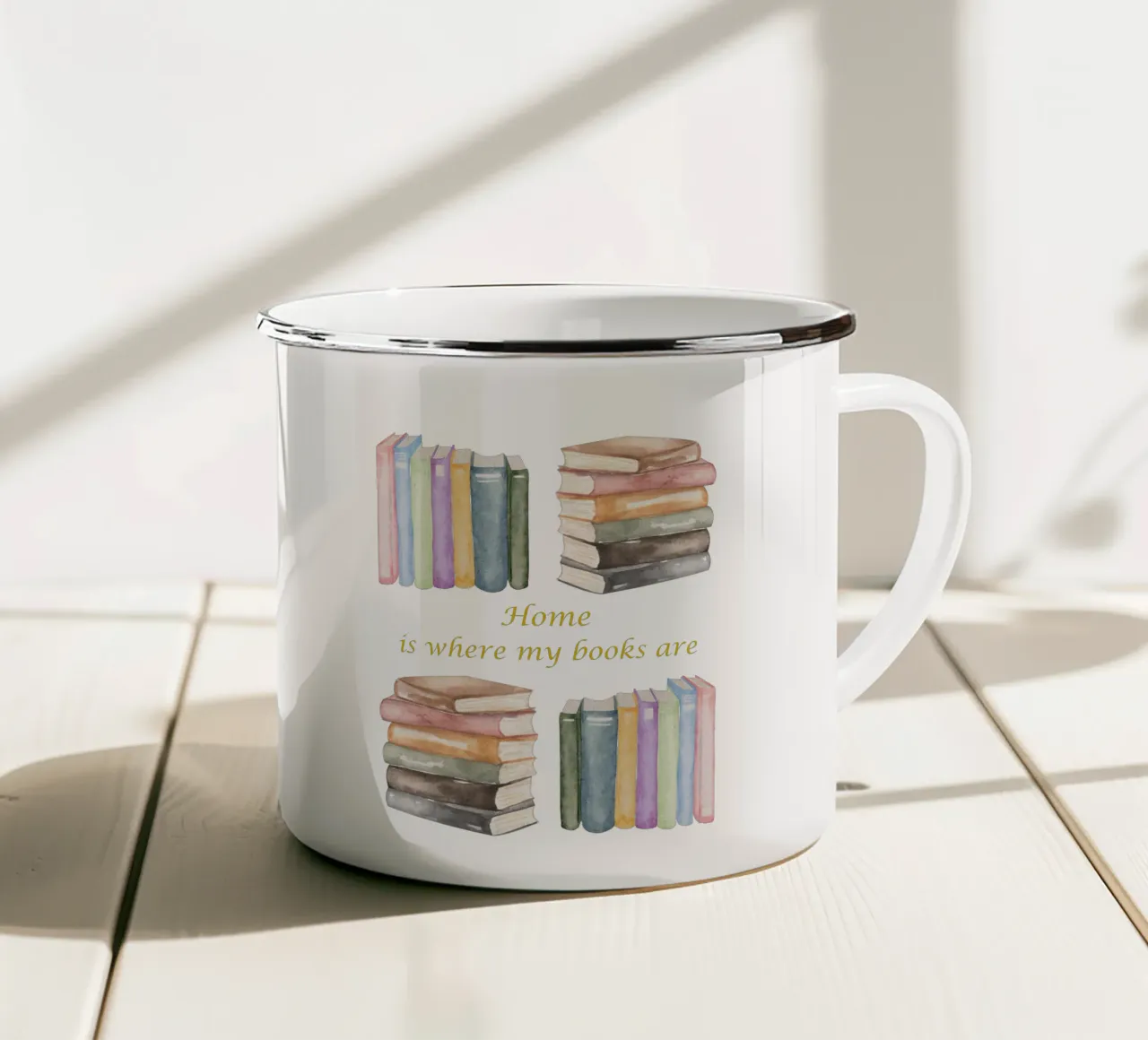 "Home is where my books are" tazza in smalto da FABOArt