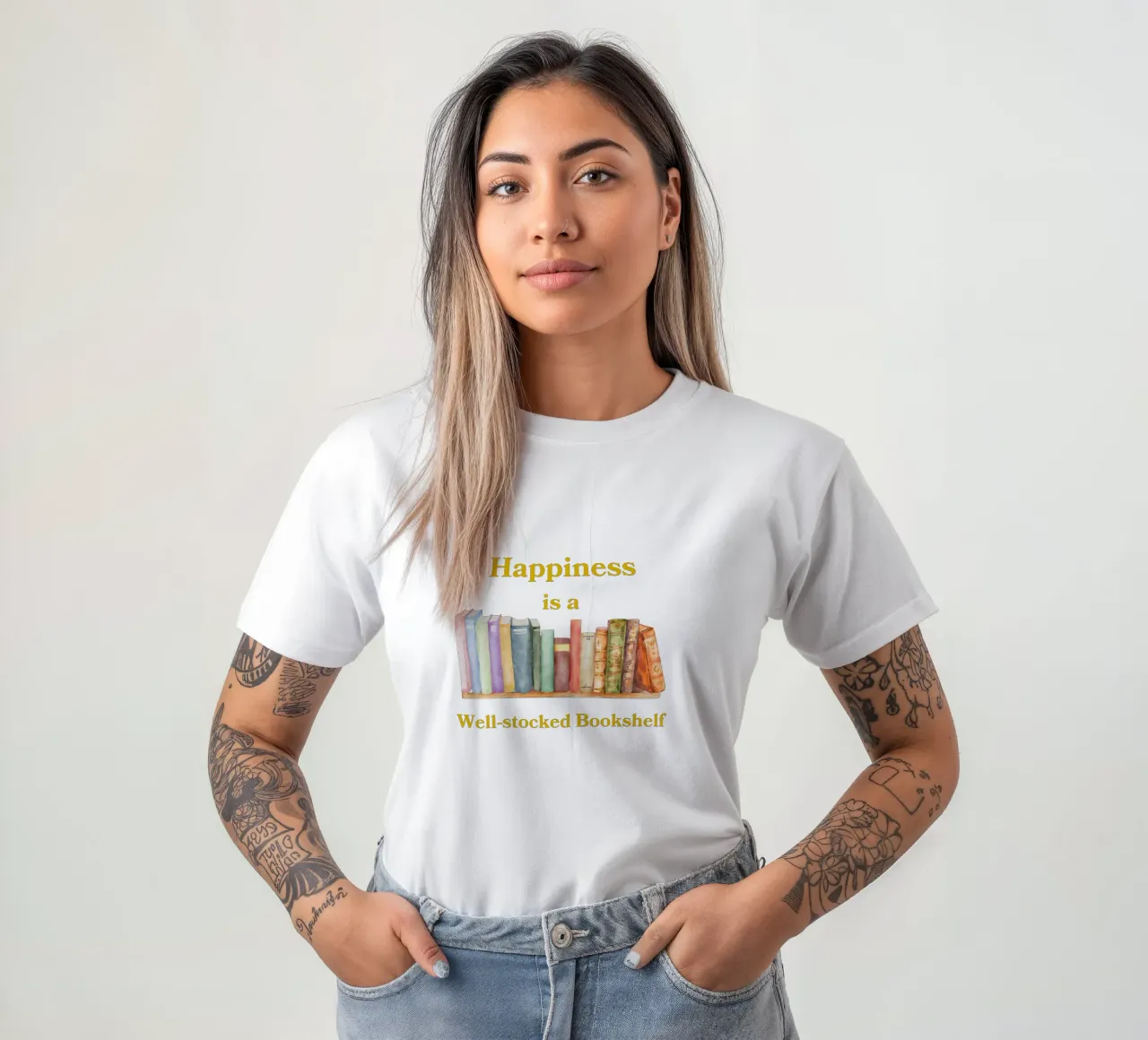 "Happiness is a well-stocked bookshelf" t-shirt da FABOArt