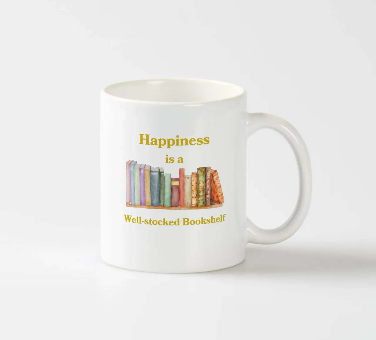 "Happiness is a well-stocked bookshelf" tazza in ceramica da FABOArt