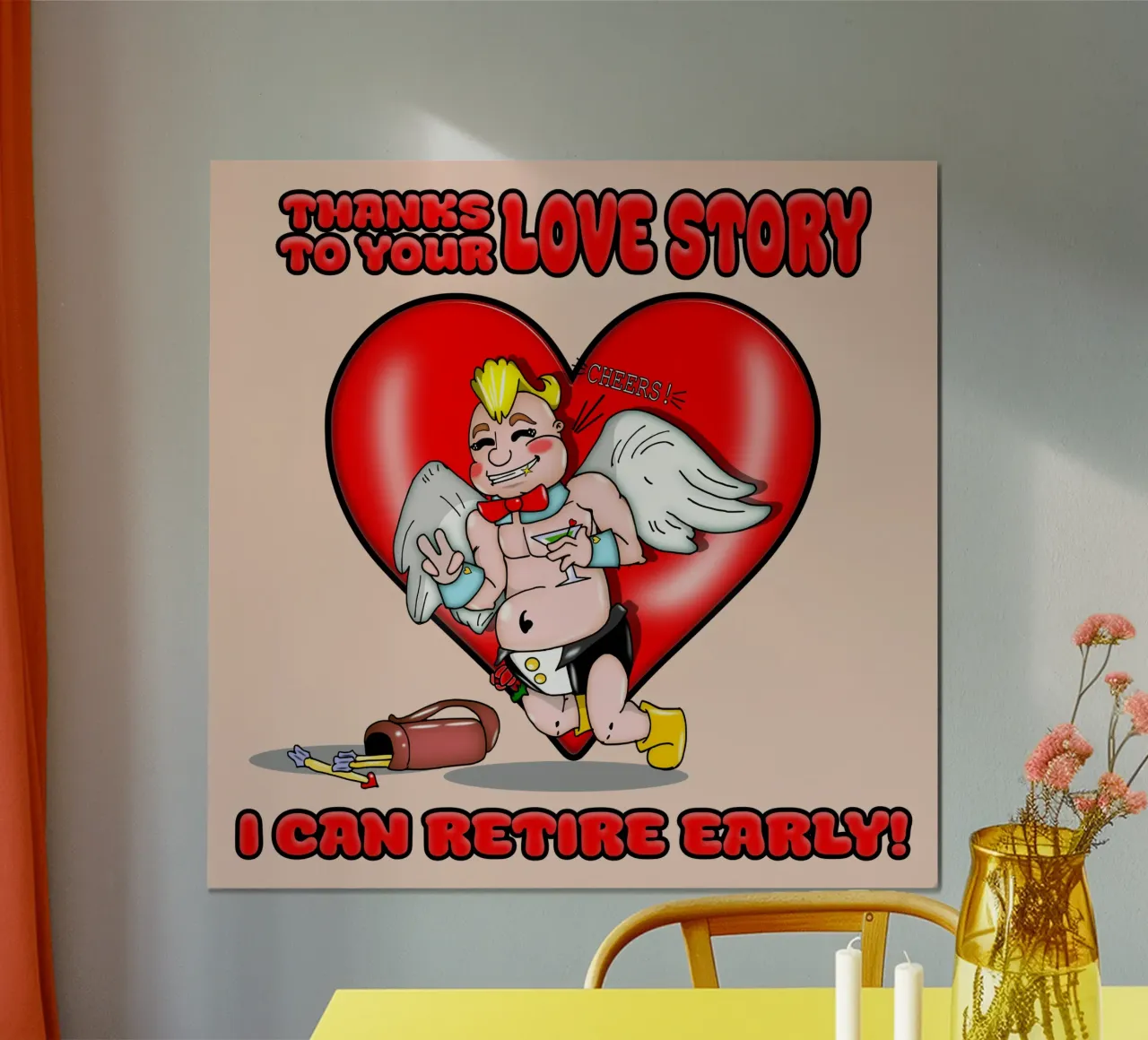 Funny Cupid's Early Retirement Valentine's Day Couple Design poster with wooden frame by sillyindustries
