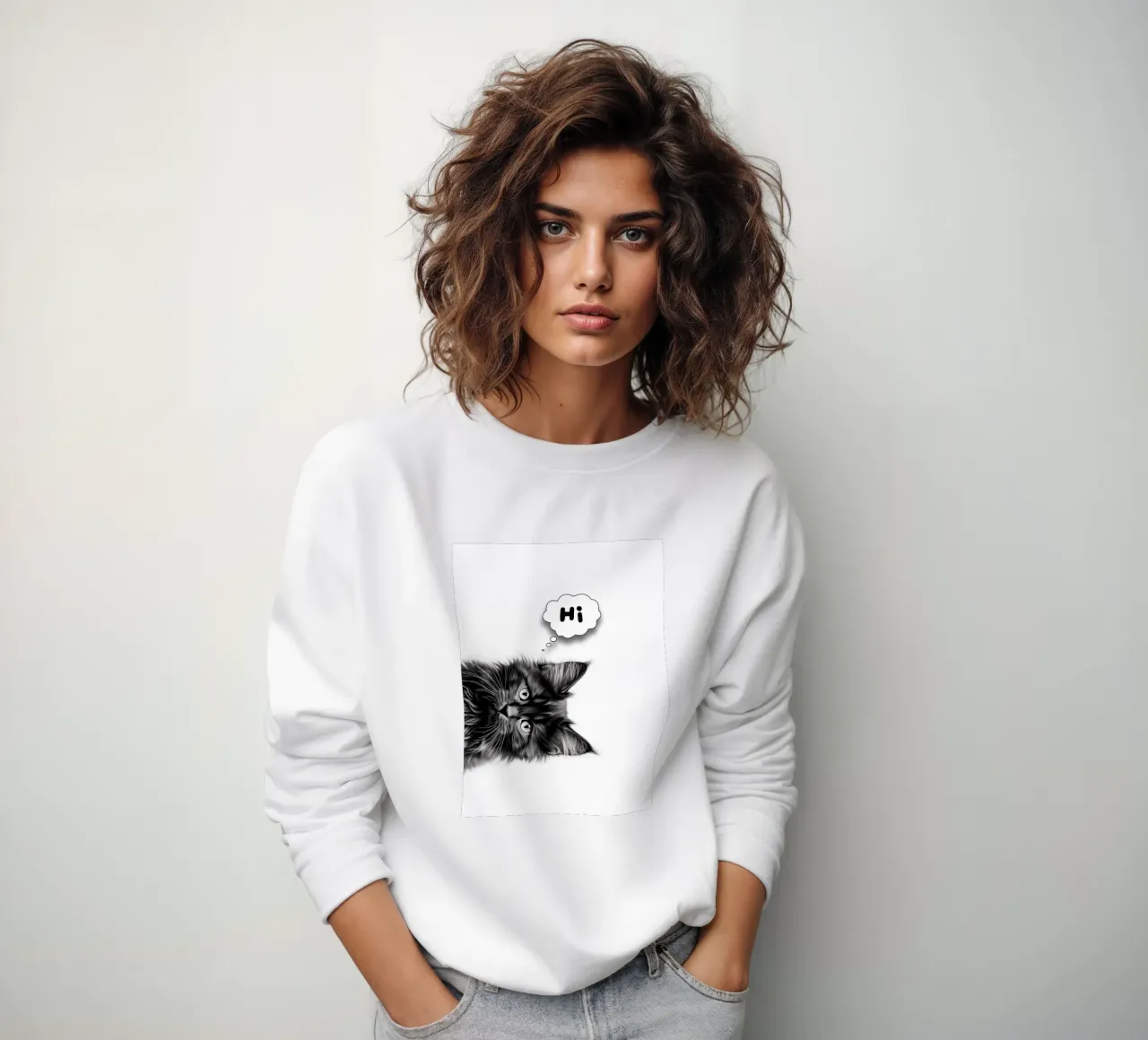 cute baby cat says "hi" sweatshirt by Carinaprint