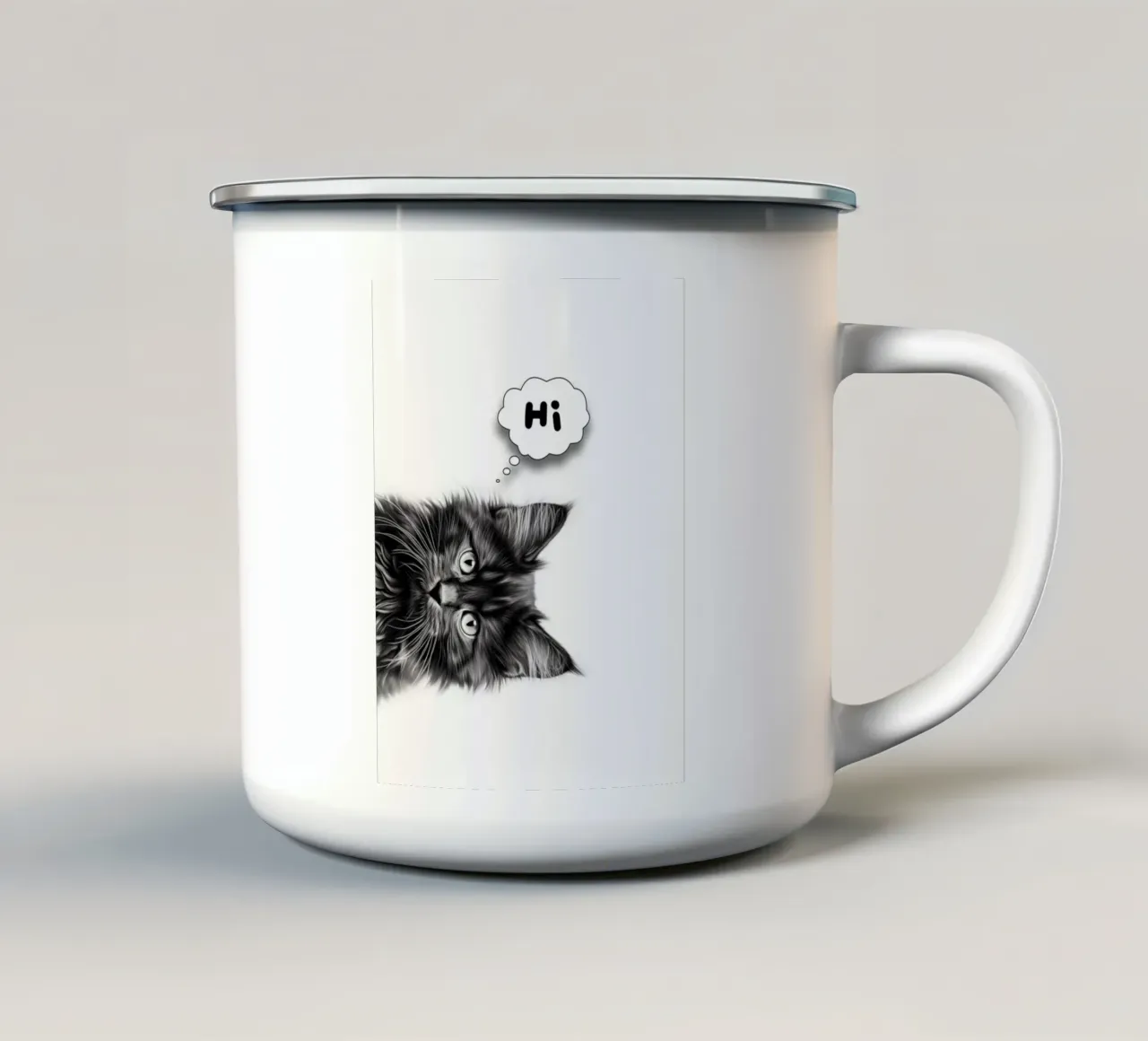 Un simpatico gattino dice "ciao" tazza in smalto da Carinaprint
