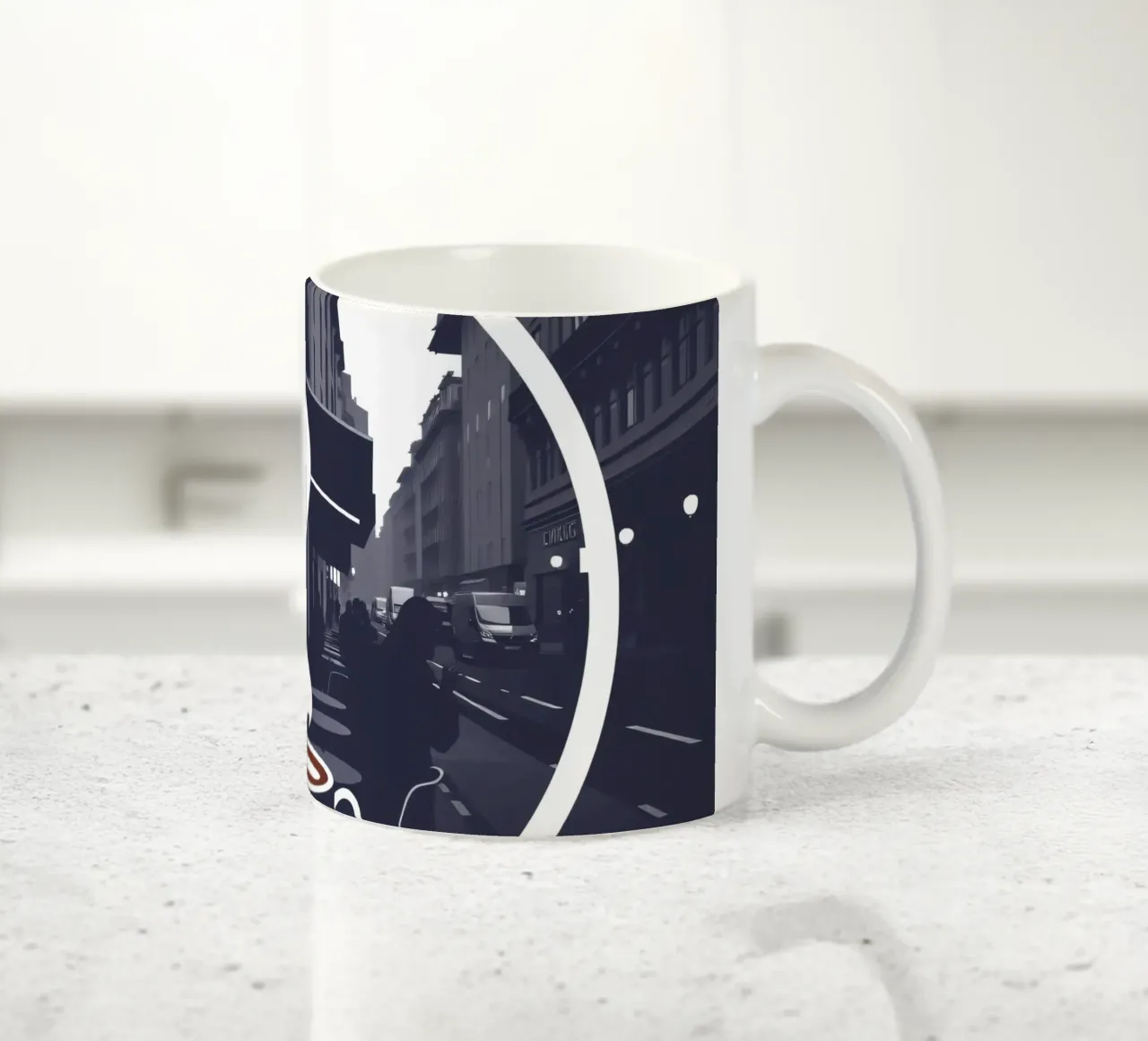 Accogliente atmosfera da caffetteria in una strada trafficata tazza in ceramica da DesignDoodle
