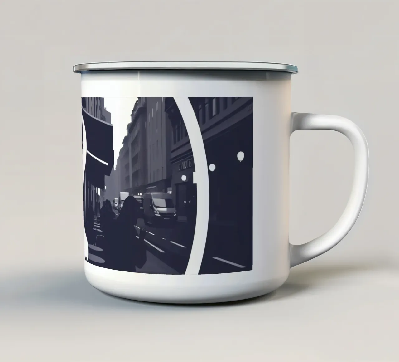 Accogliente atmosfera da caffetteria in una strada trafficata tazza in smalto da DesignDoodle