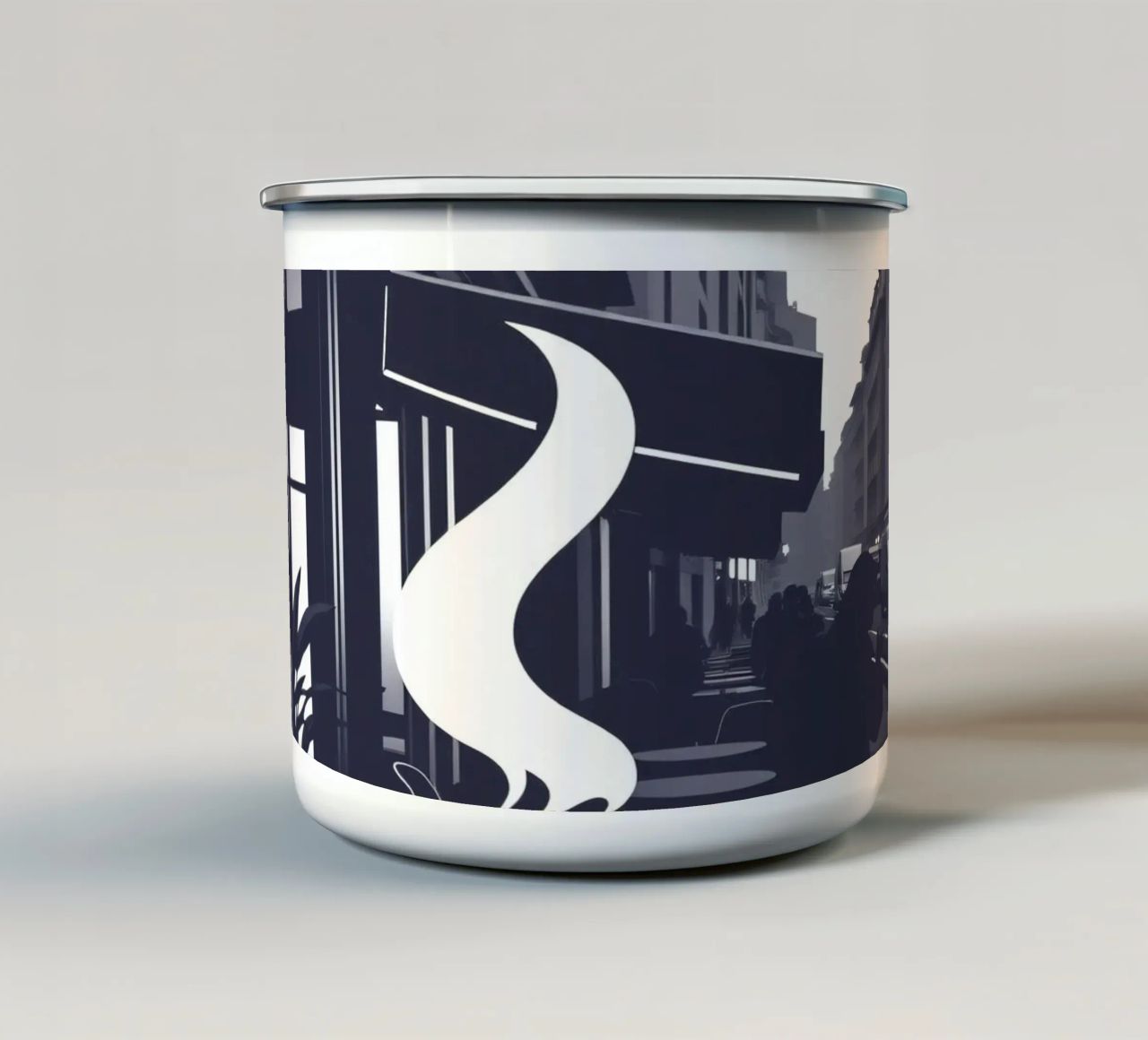 Accogliente atmosfera da caffetteria in una strada trafficata tazza in smalto da DesignDoodle