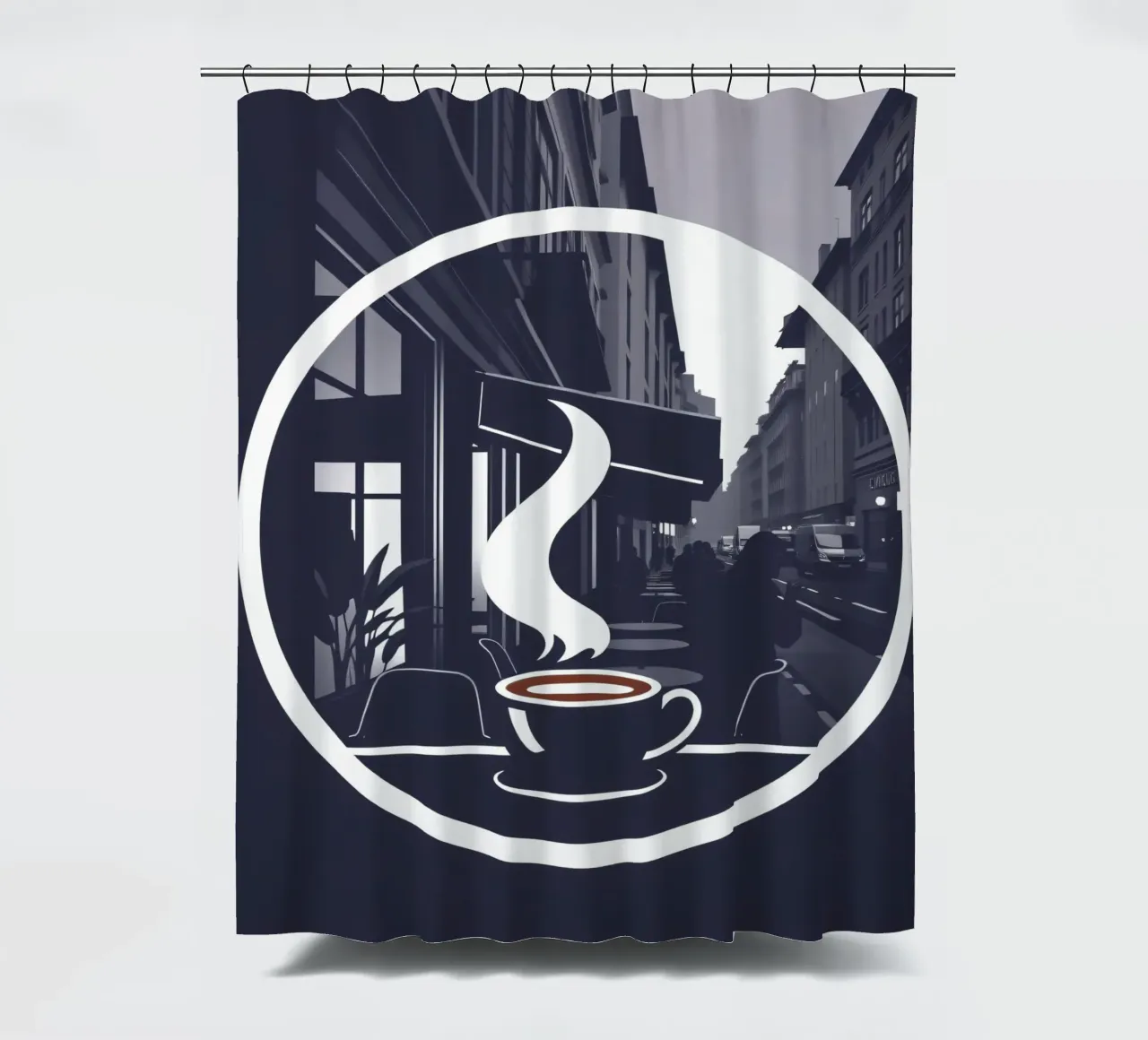 Gemütliche Coffeeshop-Atmosphäre an einer belebten Straße Duschvorhang von DesignDoodle