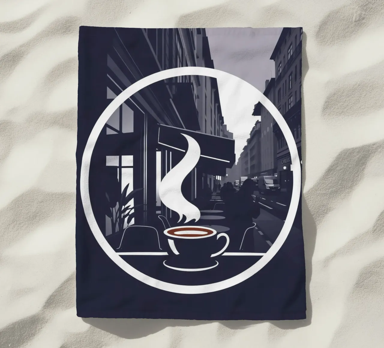 Accogliente atmosfera da caffetteria in una strada trafficata telo mare da DesignDoodle