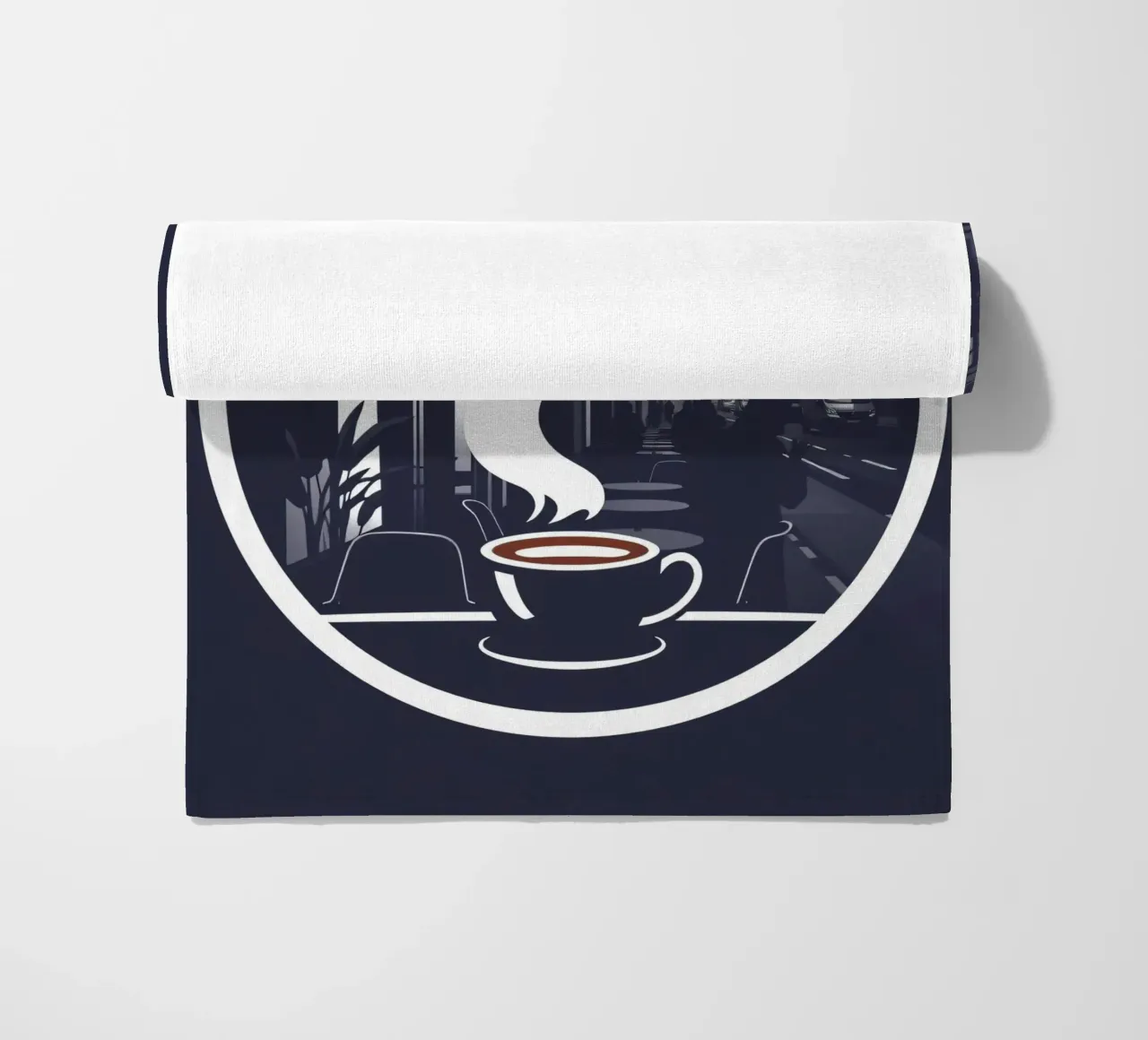 Accogliente atmosfera da caffetteria in una strada trafficata telo mare da DesignDoodle