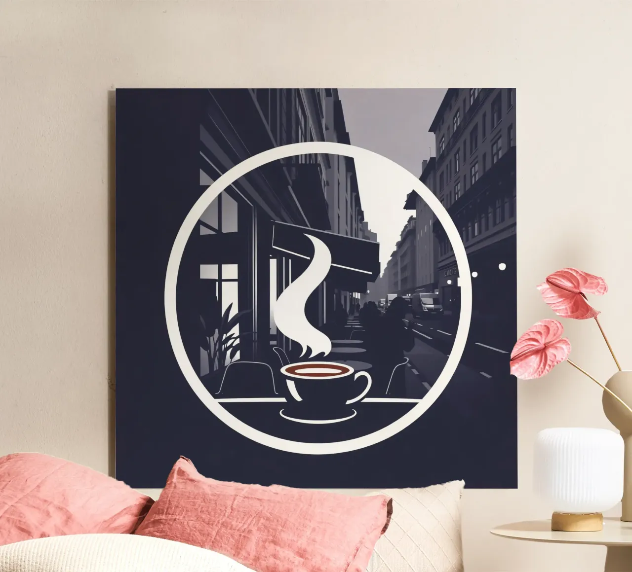 Accogliente atmosfera da caffetteria in una strada trafficata alluminio dibond da DesignDoodle
