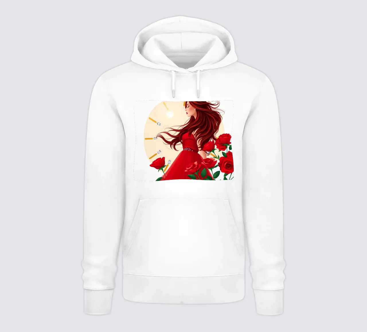 Una donna in un fluente abito rosso circondata da rose in fiore felpa con cappuccio da DesignDoodle
