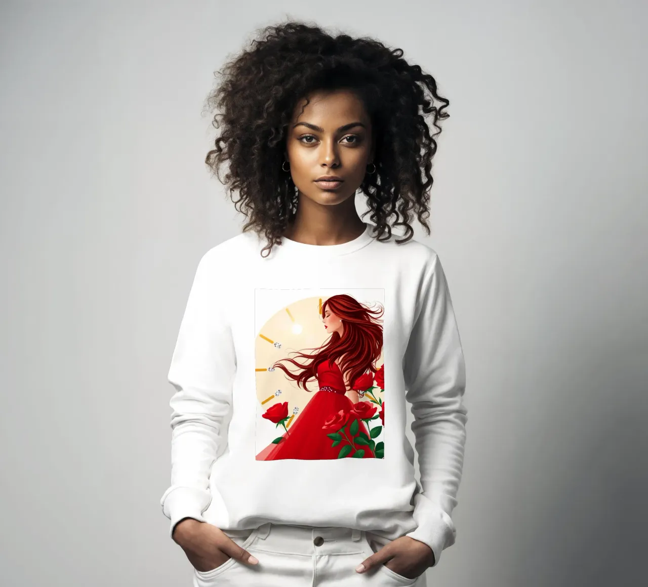 Una donna in un fluente abito rosso circondata da rose in fiore felpa da DesignDoodle