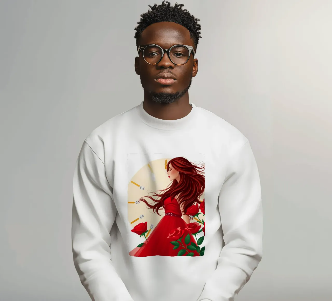 Una donna in un fluente abito rosso circondata da rose in fiore felpa da DesignDoodle