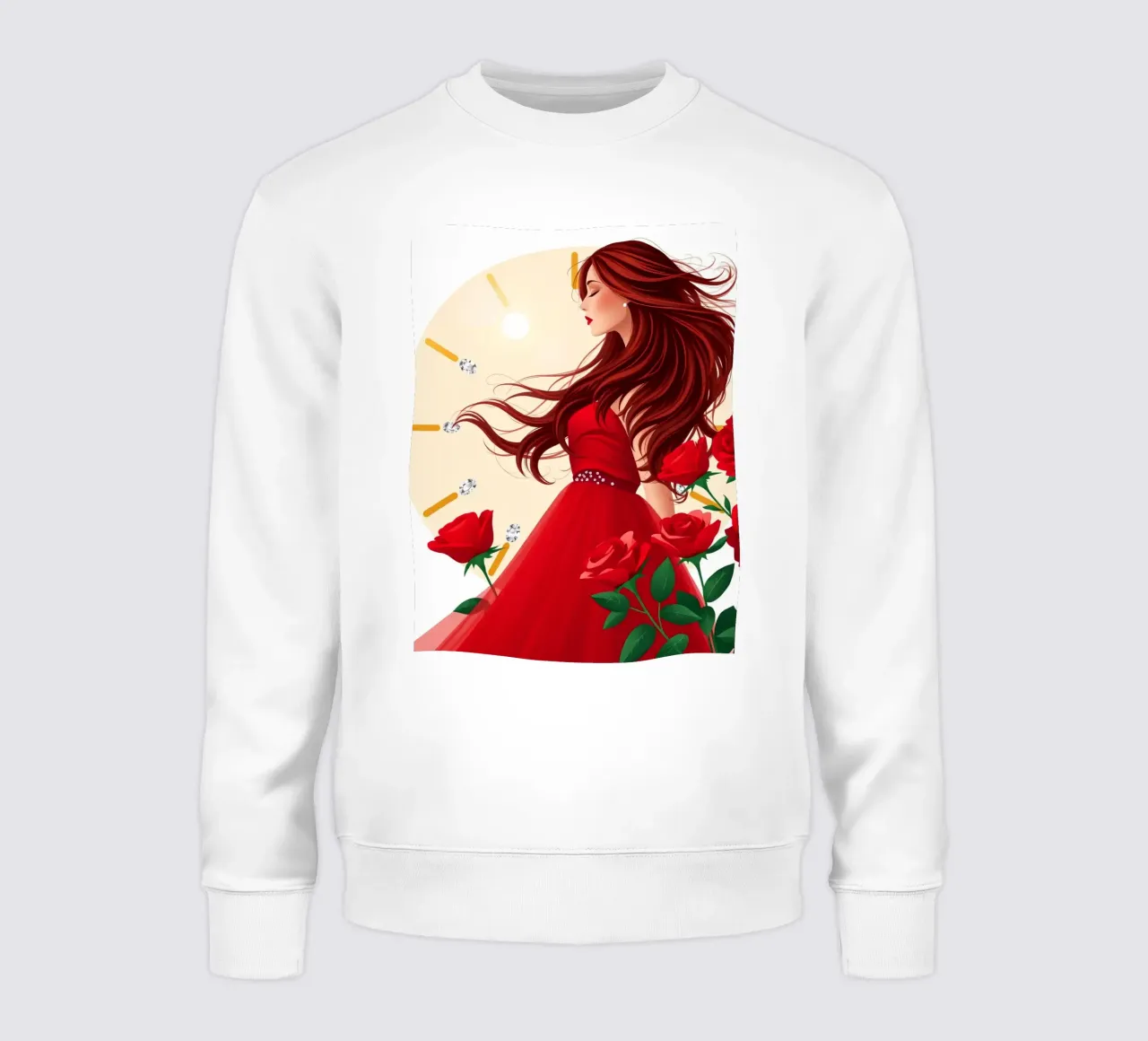 Una donna in un fluente abito rosso circondata da rose in fiore felpa da DesignDoodle