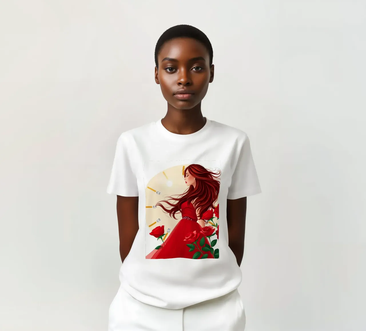 Una donna in un fluente abito rosso circondata da rose in fiore t-shirt da DesignDoodle