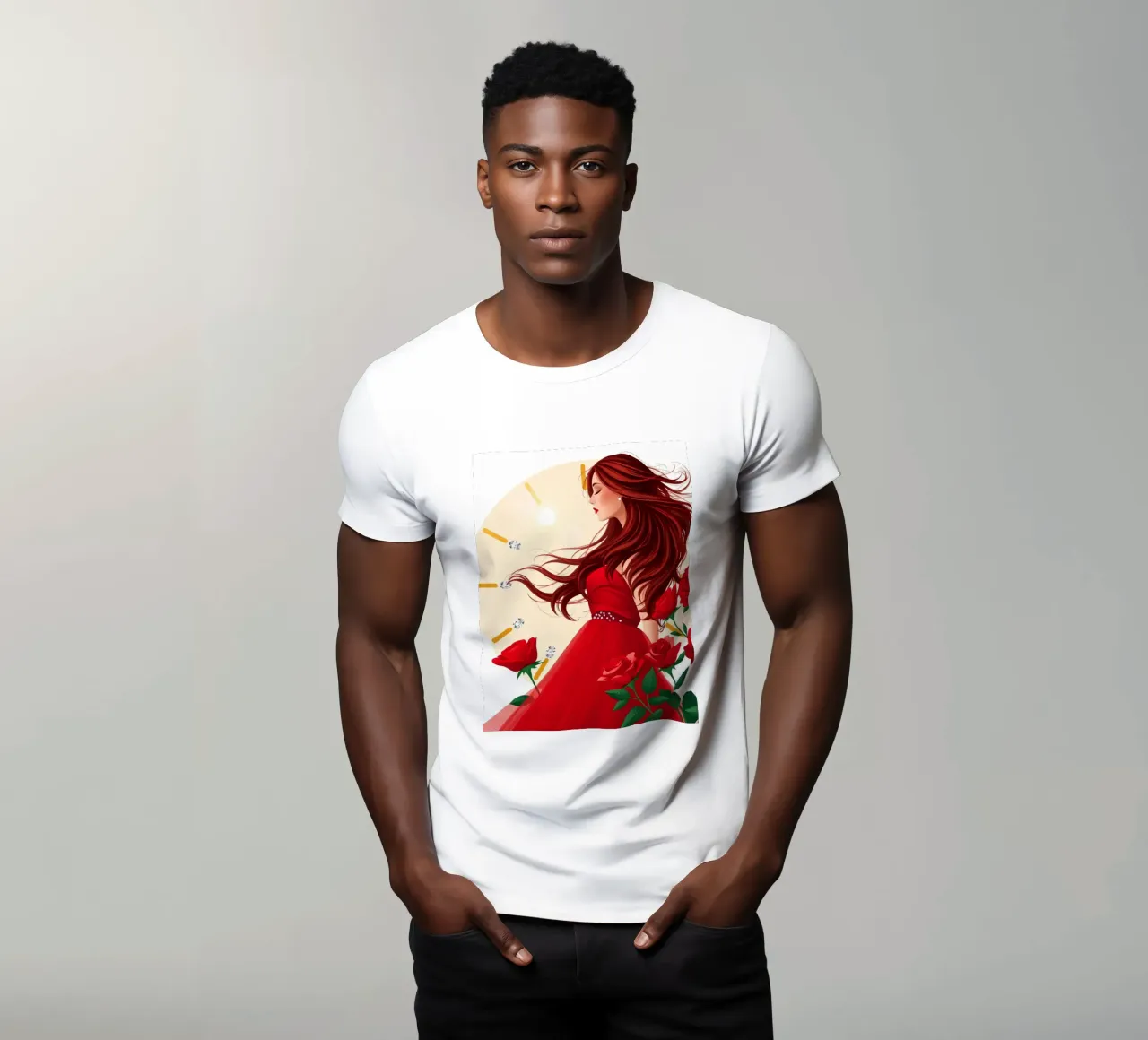 Una donna in un fluente abito rosso circondata da rose in fiore t-shirt da DesignDoodle